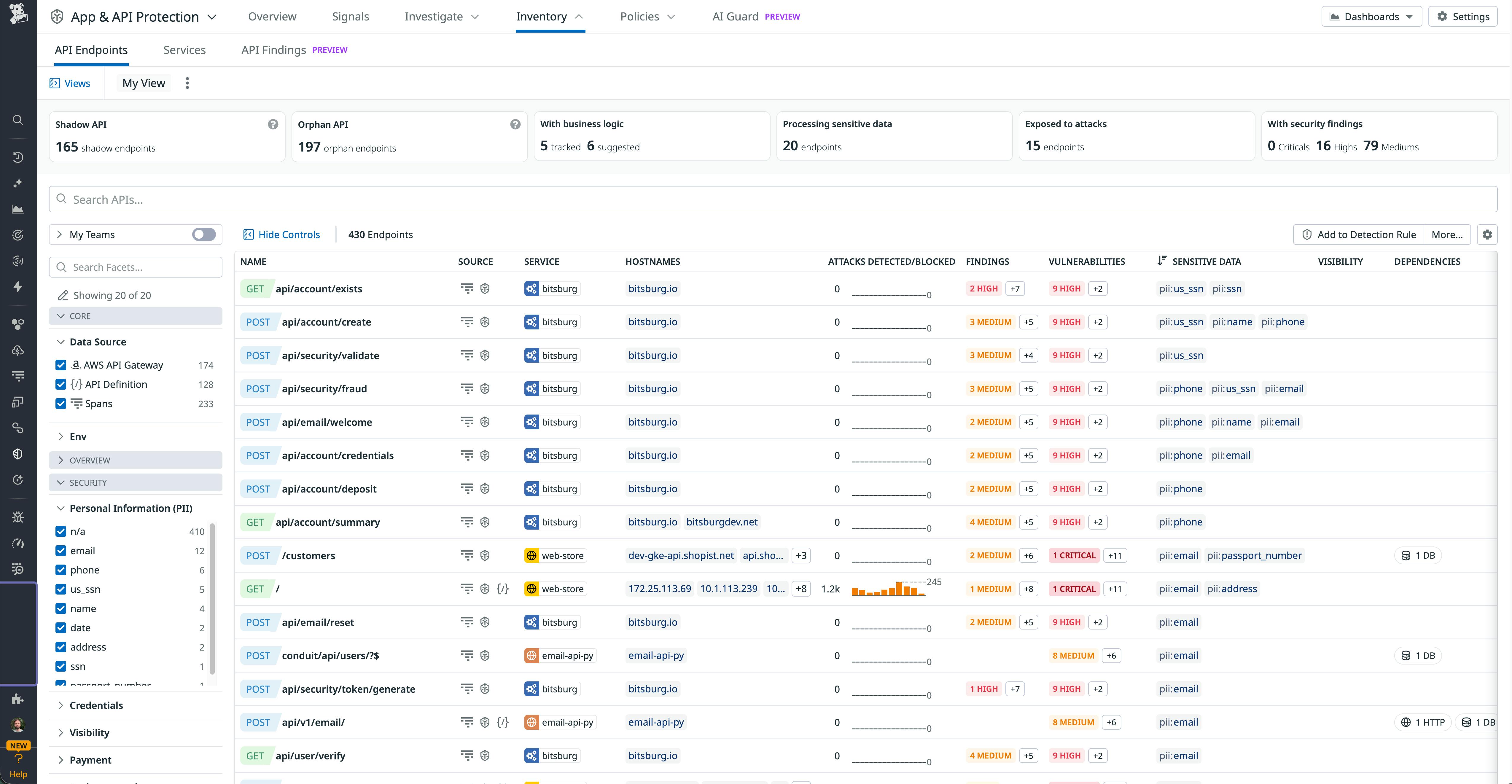Datadog API Inventory view listing endpoints with source, service, sensitive data tags, and associated security findings.
