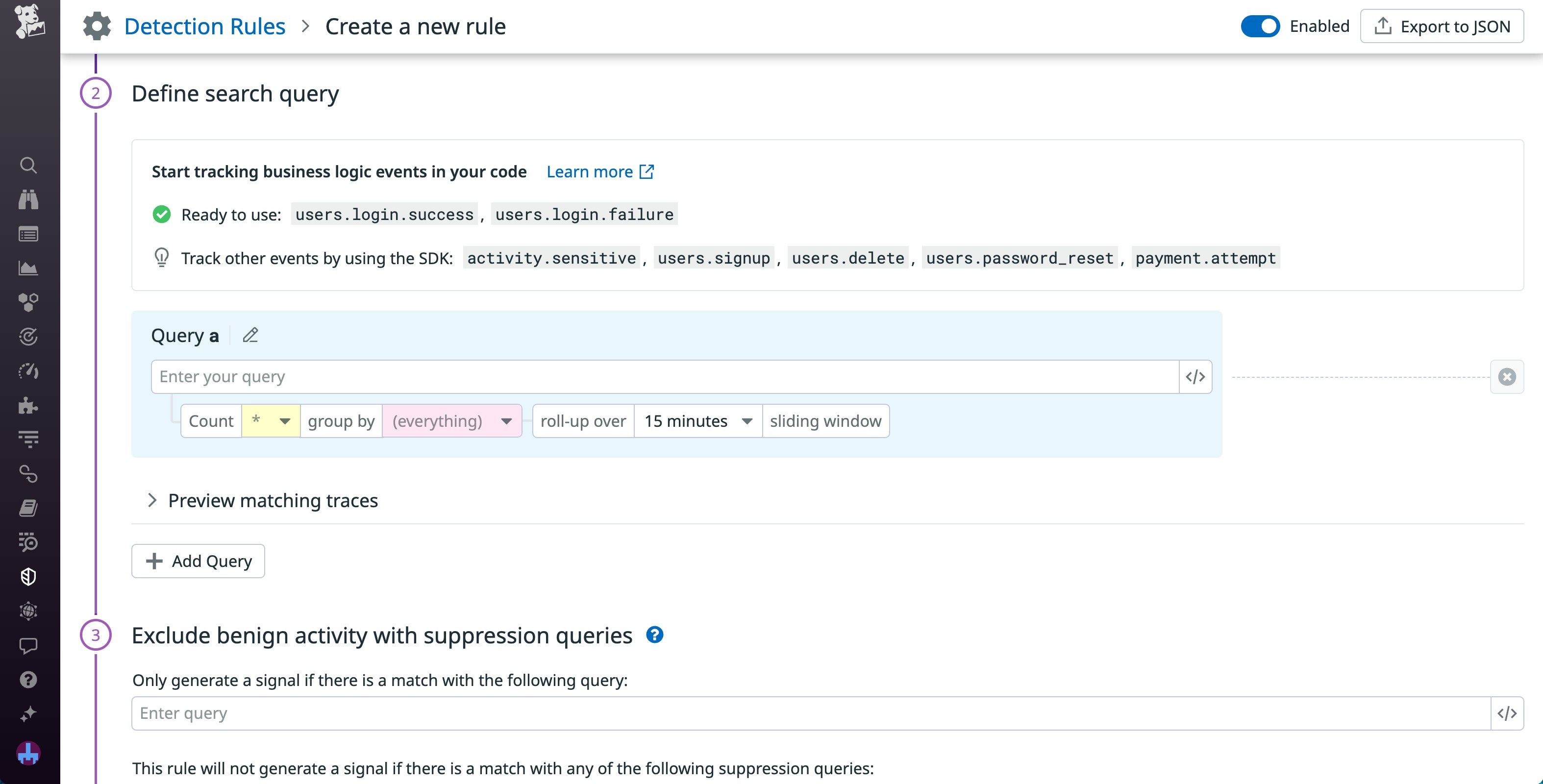 The Detection Rule creation window, including user monitoring SDK options. The Detection Rule creation window, including user monitoring SDK options.