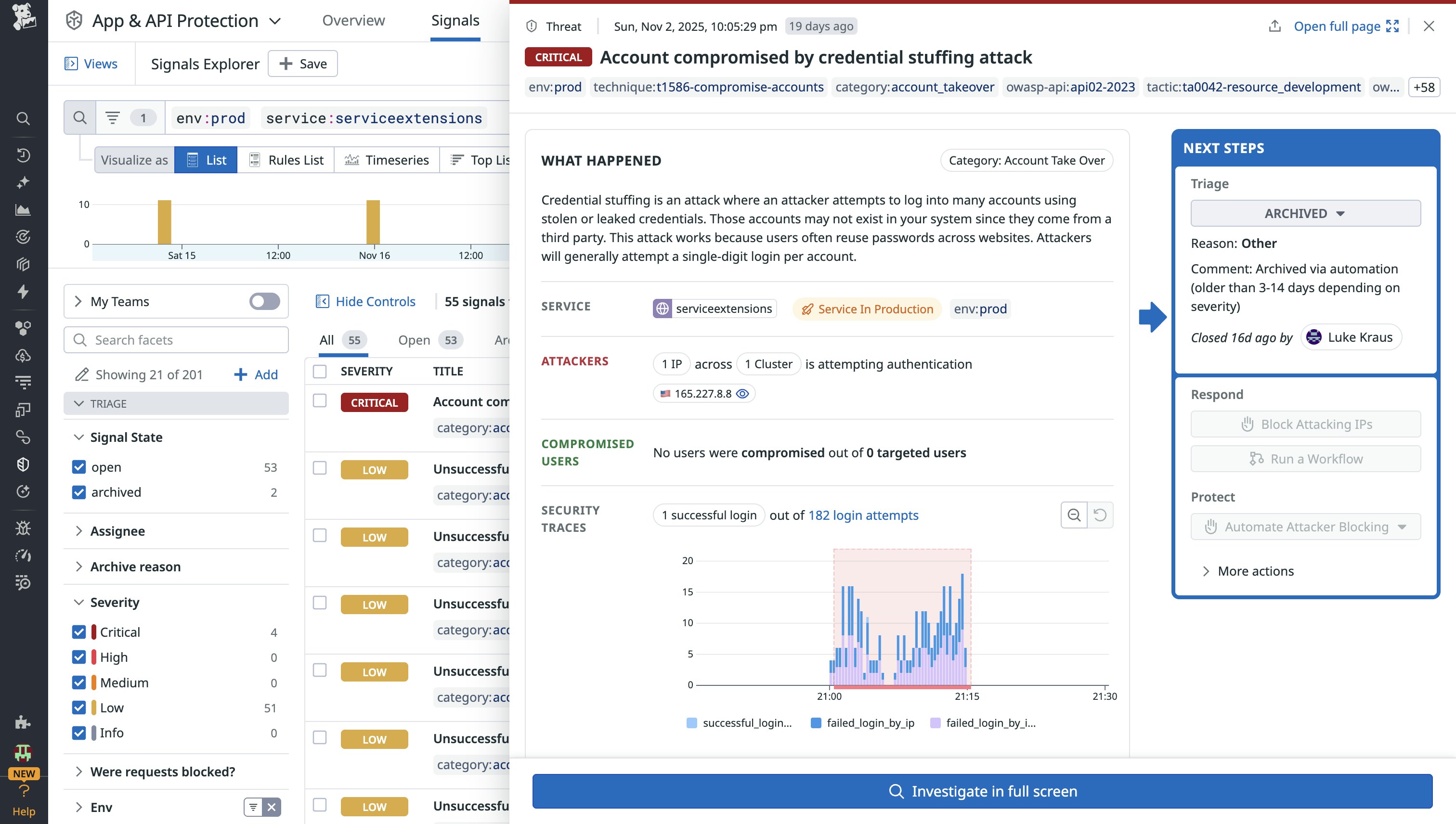 A screenshot of a detected credential stuffing attack, showing the malicious IP and cluster that it is targeting for login attempts. A screenshot of a detected credential stuffing attack, showing the malicious IP and cluster that it is targeting for login attempts.