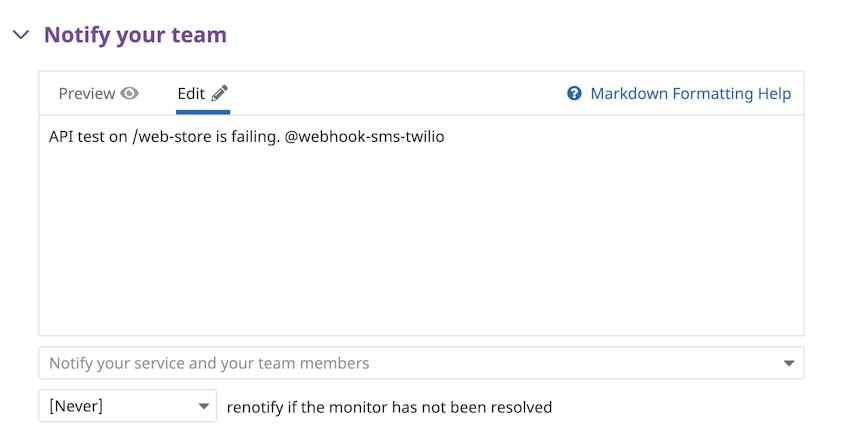 The notify your team field shows the notification text, including a mention of the webhook.