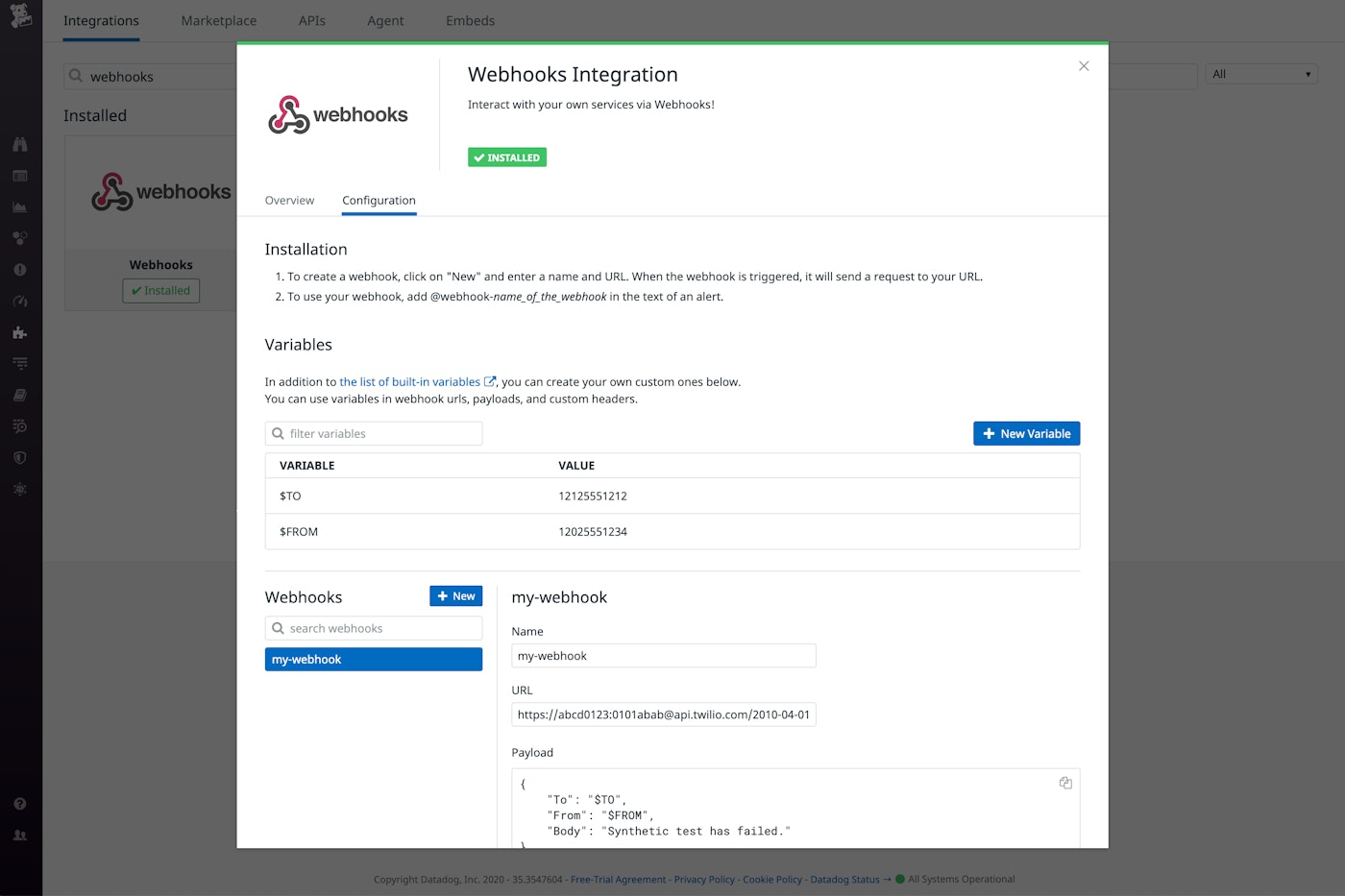 The webhooks integration tile contains fields to create custom variables, plus the name, URL, and payload of the webhook. The webhooks integration tile contains fields to create custom variables, plus the name, URL, and payload of the webhook.