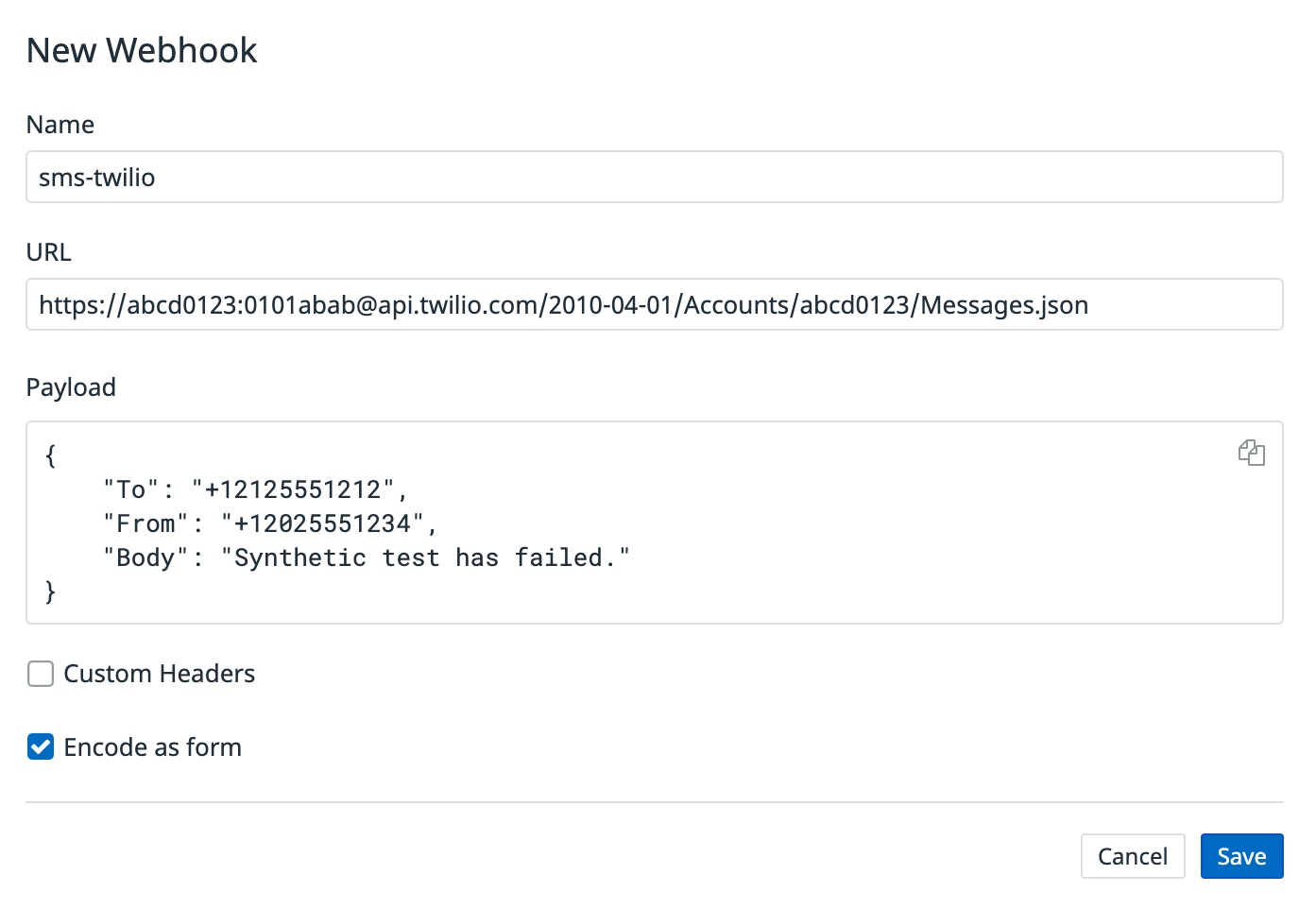 The new webhook form contains name, URL, and payload fields. The new webhook form contains name, URL, and payload fields.