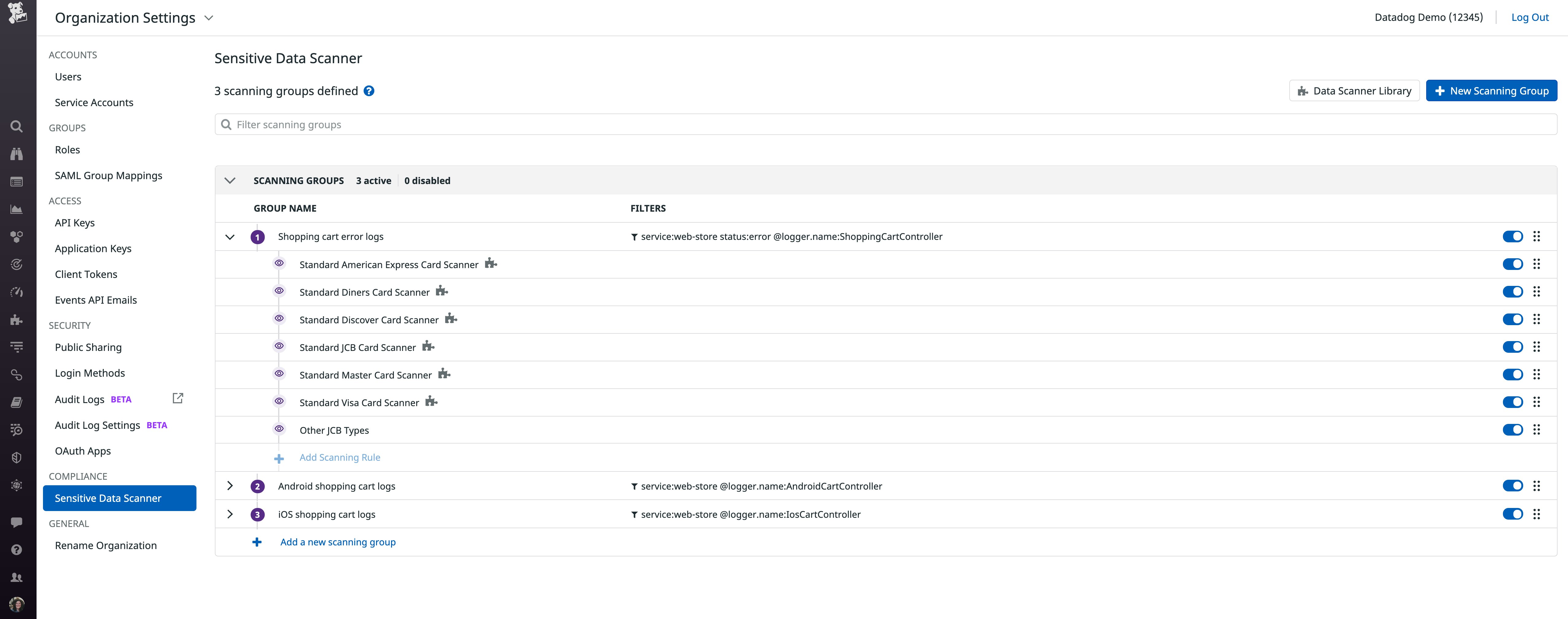 Create scanner groups to identify sensitive data in incoming logs. Create scanner groups to identify sensitive data in incoming logs.