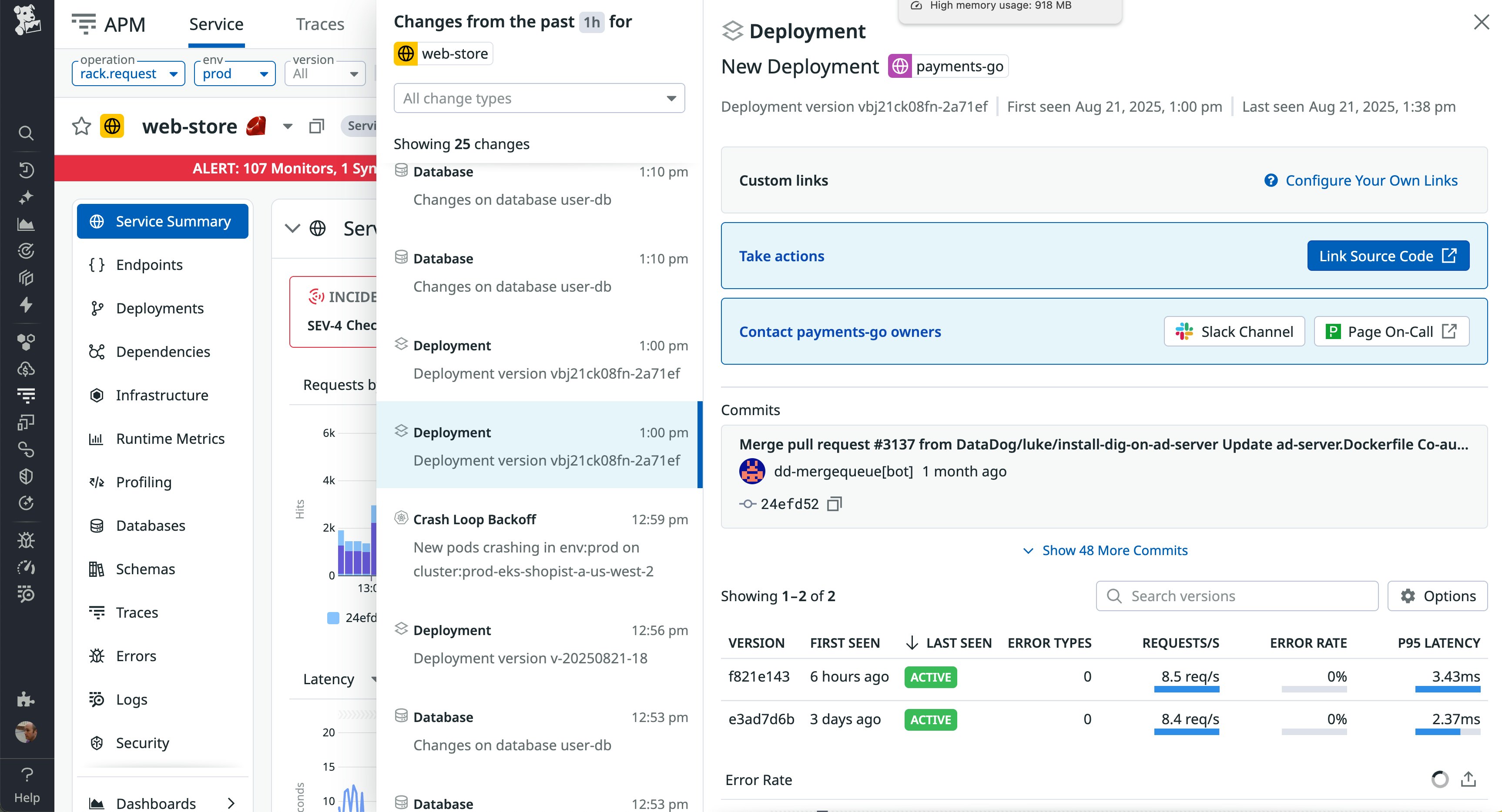 Screenshot showing deployment details for the 'web-store' service. Left sidebar lists service monitoring sections like Endpoints, Deployments, and Dependencies. Center column displays recent activity including database changes, crash loop alerts, and deployments. Right column highlights a new 'payments-go' deployment with commit history, links to source code, on-call contacts, and performance stats. Screenshot showing deployment details for the 'web-store' service. Left sidebar lists service monitoring sections like Endpoints, Deployments, and Dependencies. Center column displays recent activity including database changes, crash loop alerts, and deployments. Right column highlights a new 'payments-go' deployment with commit history, links to source code, on-call contacts, and performance stats.