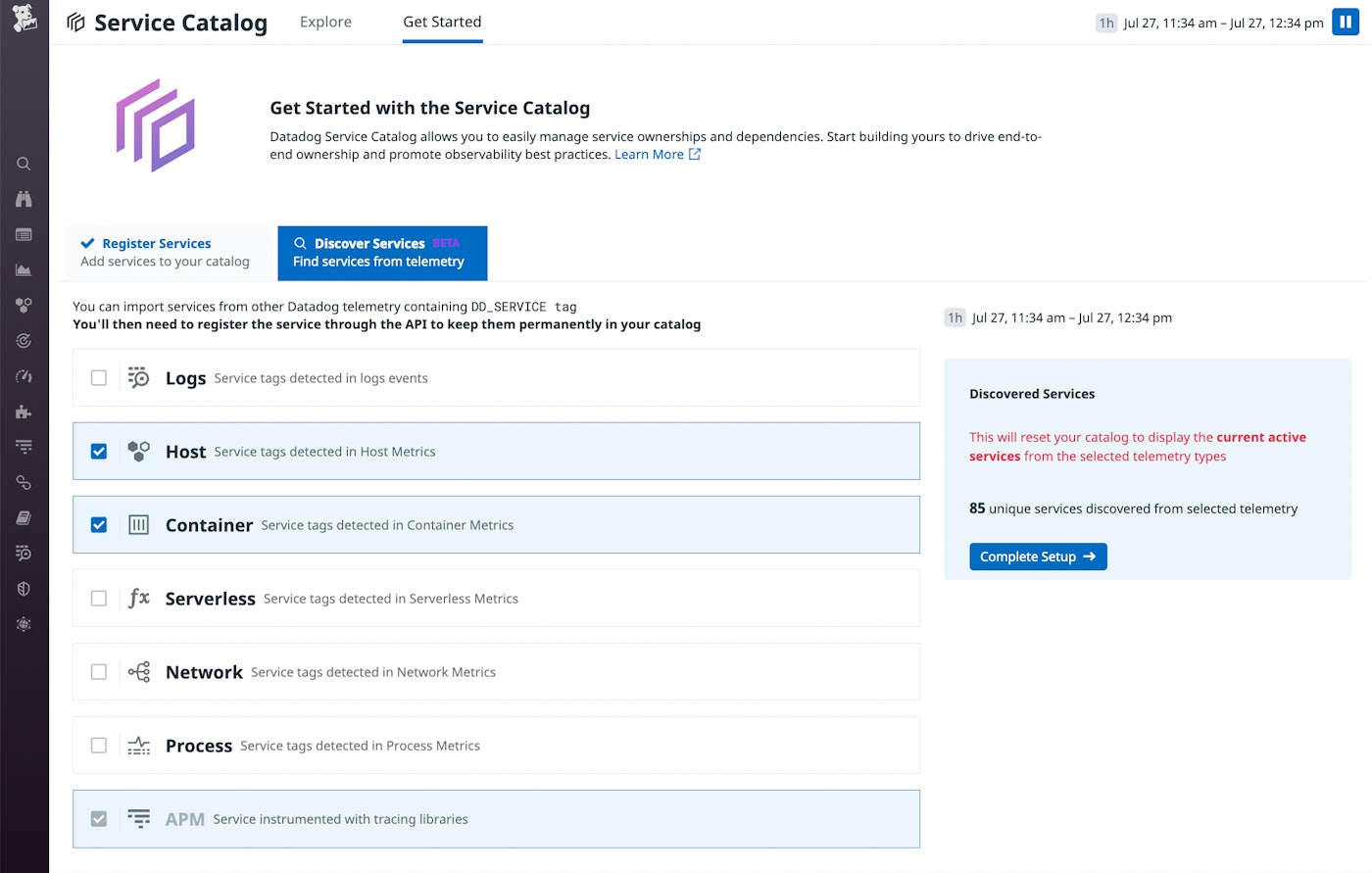 The Software Catalog's Get Started tab shows options for configuring the Software Catalog to automatically discover services. The Software Catalog's Get Started tab shows options for configuring the Software Catalog to automatically discover services.