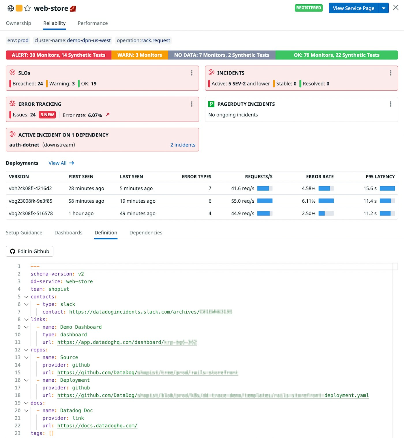 The Software Catalog's definition tab shows a service's metadata as a YAML file. The Software Catalog's definition tab shows a service's metadata as a YAML file.