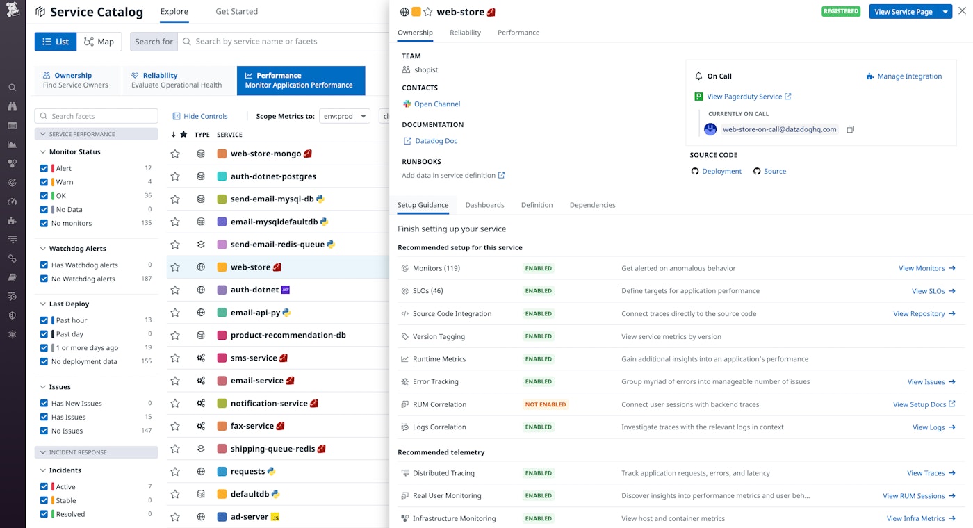 The Software Catalog page shows a list of services. The highlighted service's panel displays links to the team's Slack channel, Pagerduty schedule, and documentation. The Software Catalog page shows a list of services. The highlighted service's panel displays links to the team's Slack channel, Pagerduty schedule, and documentation.