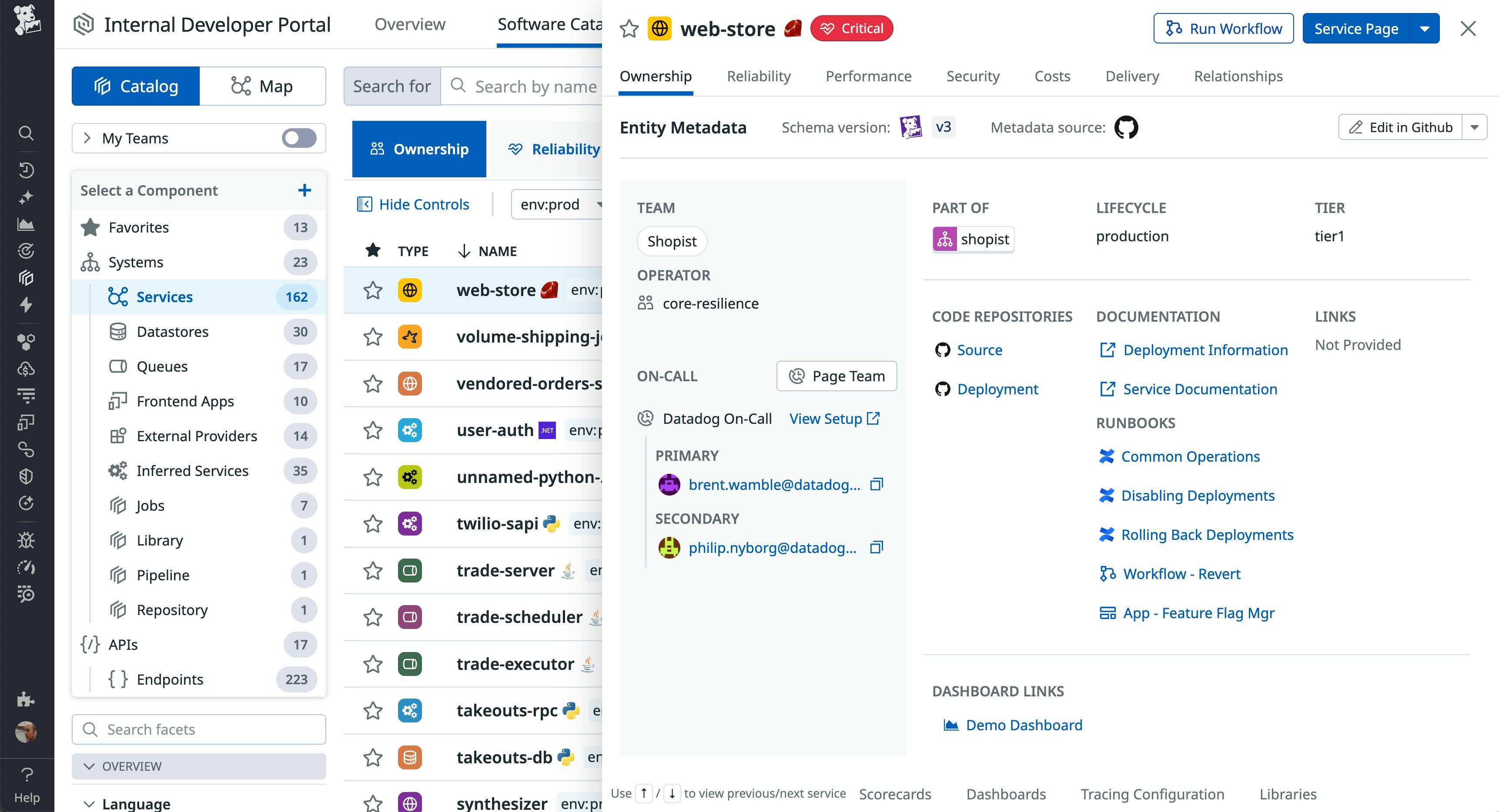 Datadog Software Catalog view for the 'web-store' service marked Critical. The left panel lists services including 'volume-shipping-job' and 'user-auth.' The right-side metadata panel shows team ownership (Shopist), operator (core-resilience), linked code repositories, documentation links, and runbooks. Datadog Software Catalog view for the 'web-store' service marked Critical. The left panel lists services including 'volume-shipping-job' and 'user-auth.' The right-side metadata panel shows team ownership (Shopist), operator (core-resilience), linked code repositories, documentation links, and runbooks.