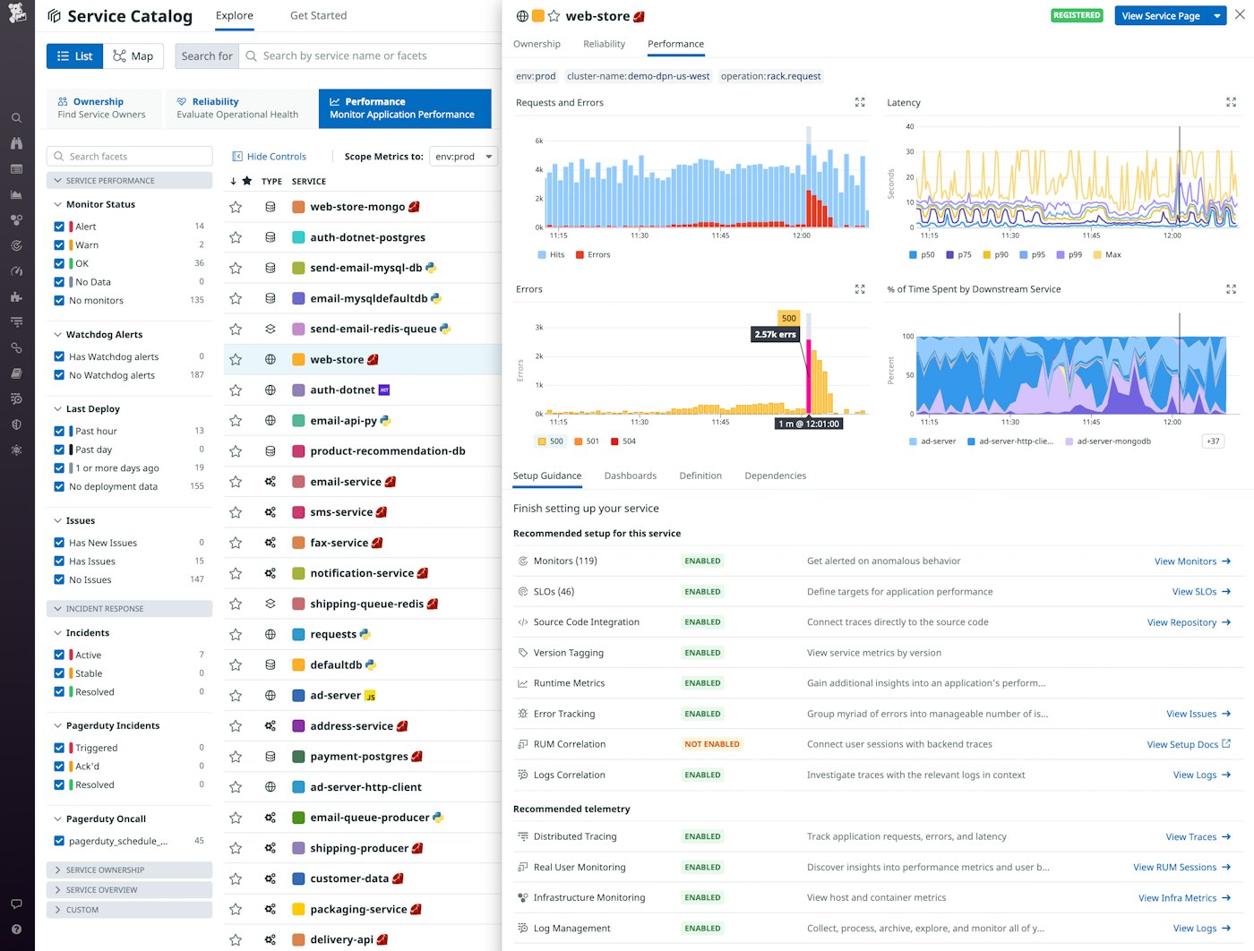 The Software Catalog's performance tab shows graphs that illustrate a service's performance over time, and the configuration tab shows the types of observability data being collected. The Software Catalog's performance tab shows graphs that illustrate a service's performance over time, and the configuration tab shows the types of observability data being collected.