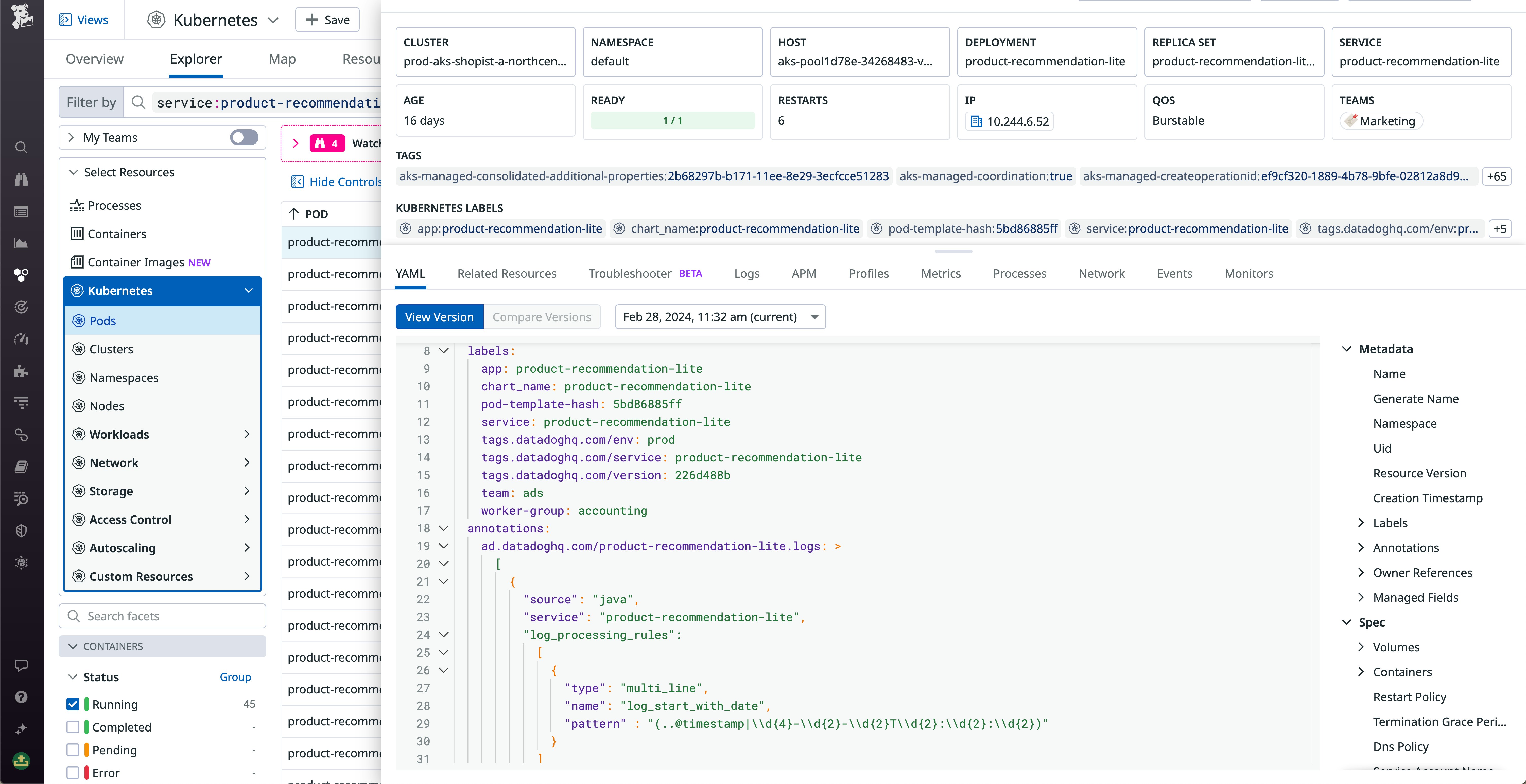 Shows a Kubernetes service populated from Datadog's Containers product and linked to live pod telemetry. Shows a Kubernetes service populated from Datadog's Containers product and linked to live pod telemetry.