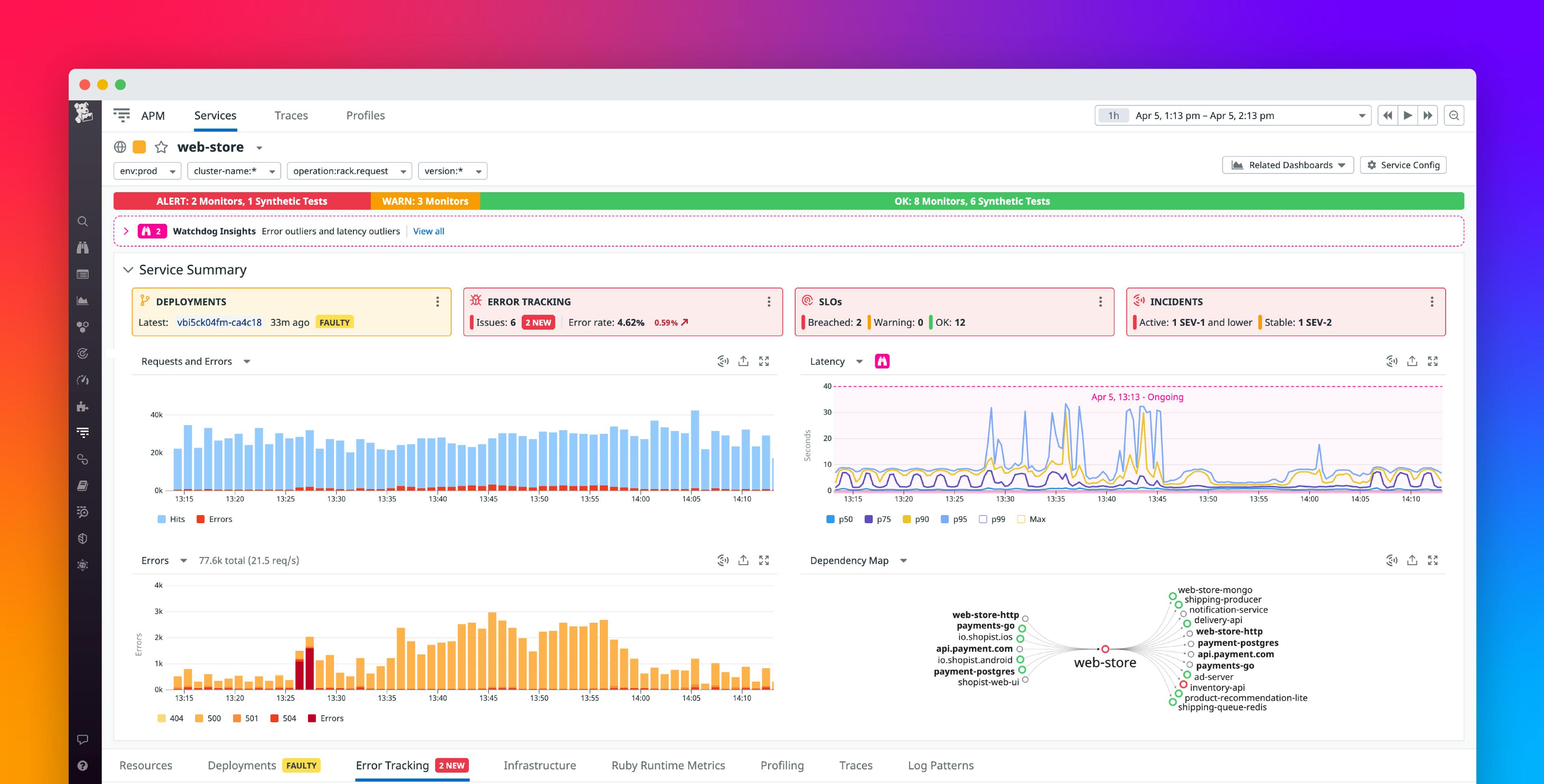 Explore a centralized view into service telemetry, Error Tracking, SLOs, and more