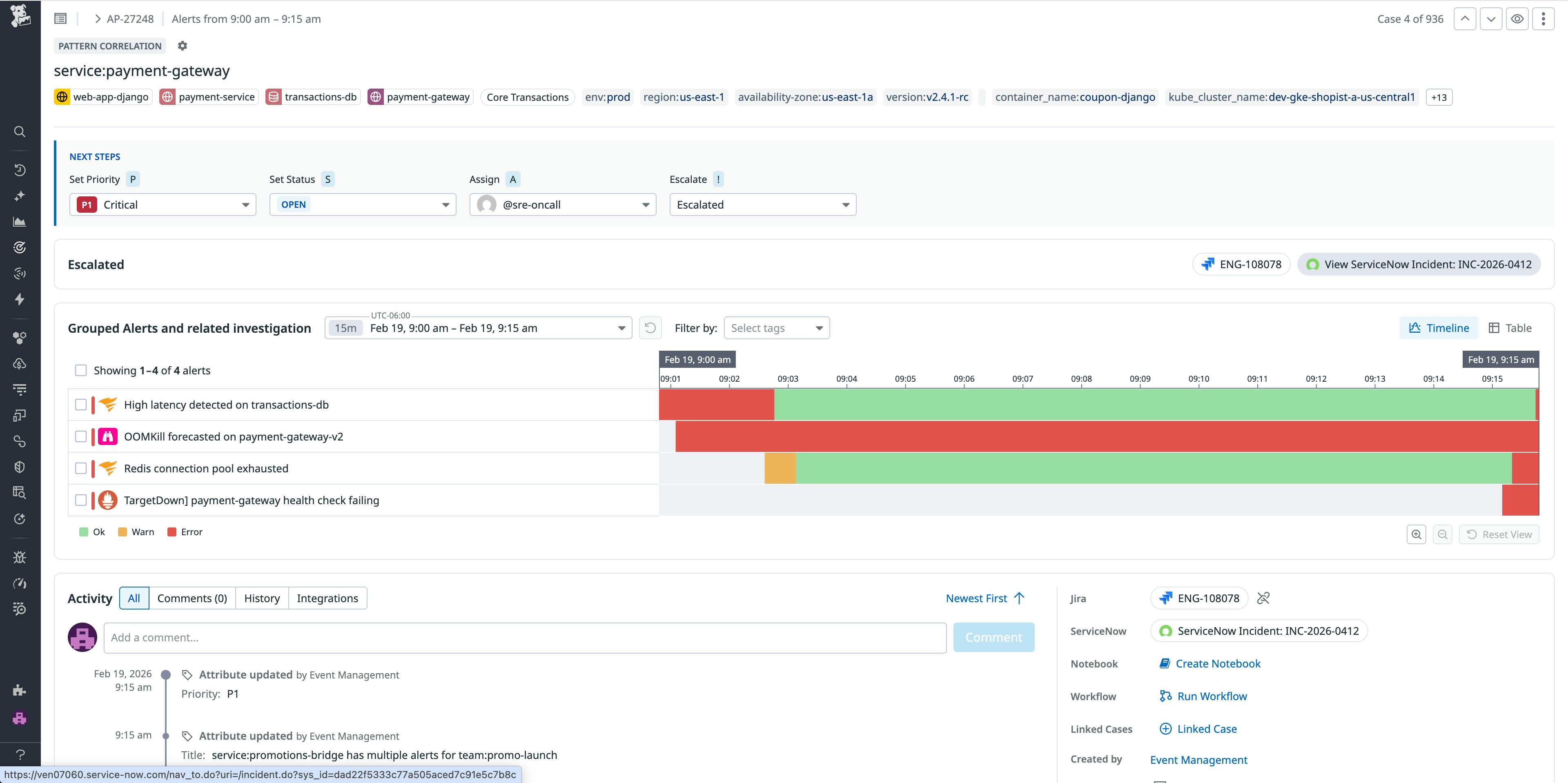 Datadog Event Management uses AI to detect and group related alerts into a case, helping you understand how a failure is propagating across your system. With Datadog's ServiceNow integration, a ServiceNow record is automatically created and linked as soon as a case is created.