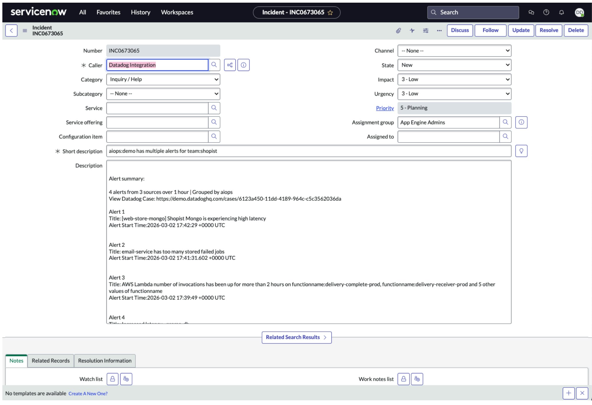 Once a case is created or an incident declared, Datadog will automatically generate a corresponding ServiceNow record. Because Datadog's integration with ServiceNow syncs bidirectionally, support teams and stakeholders can track updates in real time without interrupting engineers. Once a case is created or an incident declared, Datadog will automatically generate a corresponding ServiceNow record. Because Datadog's integration with ServiceNow syncs bidirectionally, support teams and stakeholders can track updates in real time without interrupting engineers.