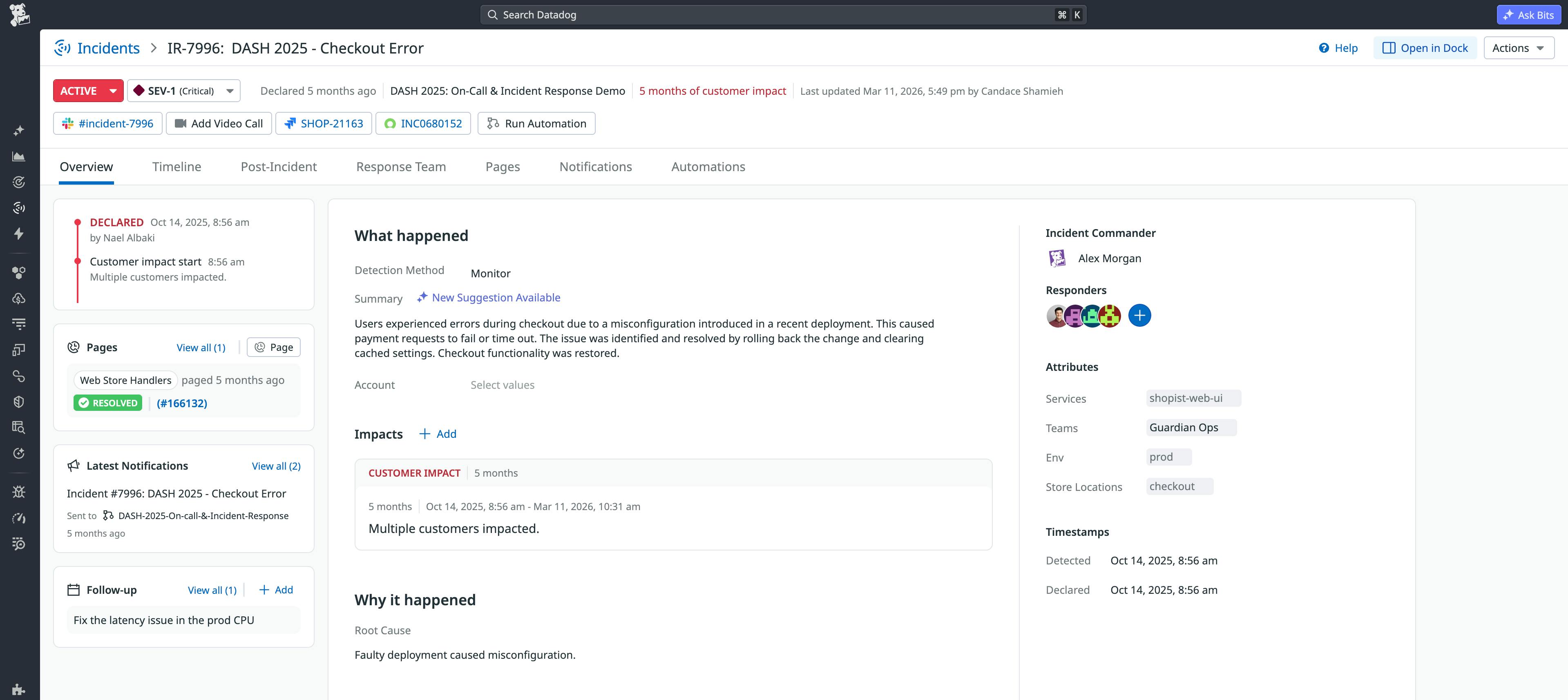 A Datadog incident that includes links to the dedicated Slack channel, corresponding ServiceNow record, and a related Jira issue.