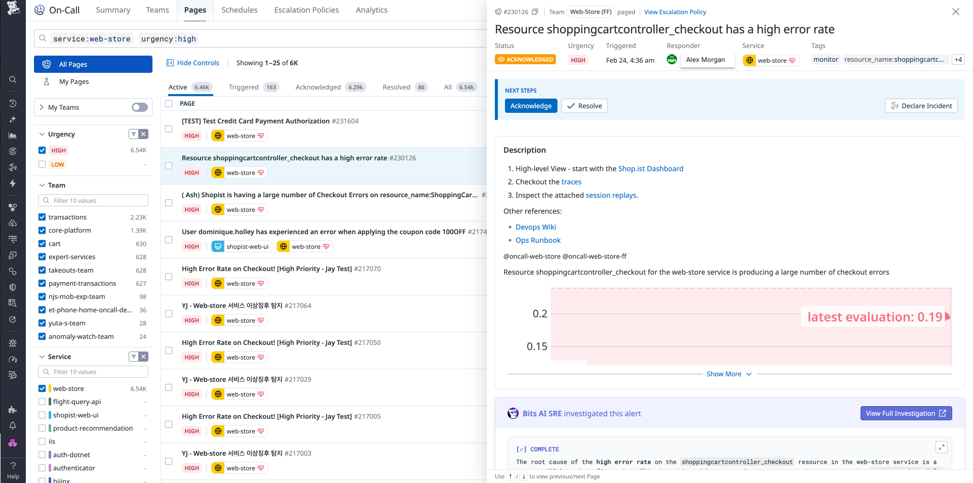Datadog On-Call pages include pertinent information, including the service affected, runbooks, and relevant telemetry data, like logs, traces, or session replays. Bits AI SRE can automatically investigate the issue, report findings, and identify potential root causes. Datadog On-Call pages include pertinent information, including the service affected, runbooks, and relevant telemetry data, like logs, traces, or session replays. Bits AI SRE can automatically investigate the issue, report findings, and identify potential root causes.
