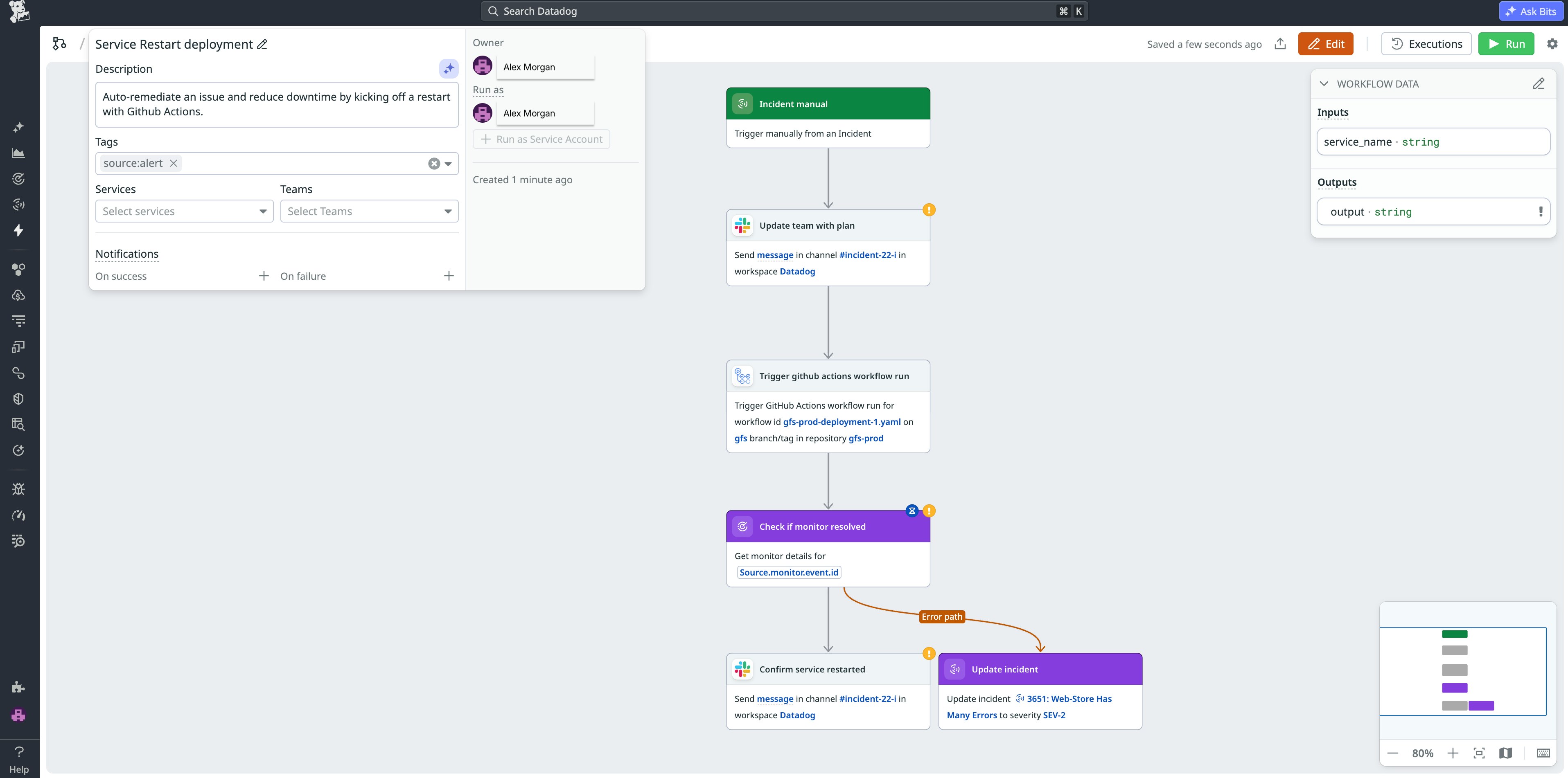 Datadog Workflow Automation enables you to create workflows that perform remediation steps based on your defined criteria. In this workflow, GitHub Actions restarts a service to auto-remediate an issue and reduce downtime. Workflow Automation notifies the team via Slack and auto-updates the incident severity. Datadog Workflow Automation enables you to create workflows that perform remediation steps based on your defined criteria. In this workflow, GitHub Actions restarts a service to auto-remediate an issue and reduce downtime. Workflow Automation notifies the team via Slack and auto-updates the incident severity.
