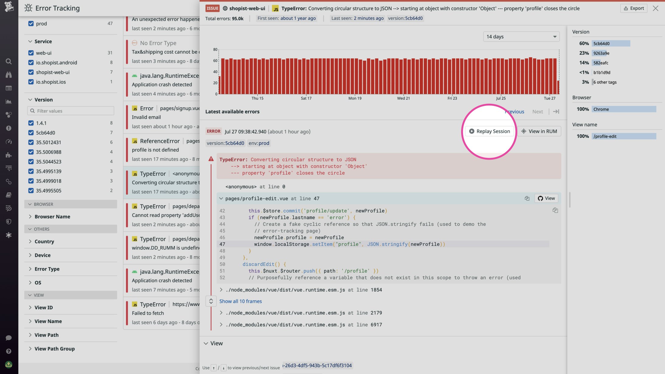 Pivot to a Session Replay from Error Tracking Pivot to a Session Replay from Error Tracking