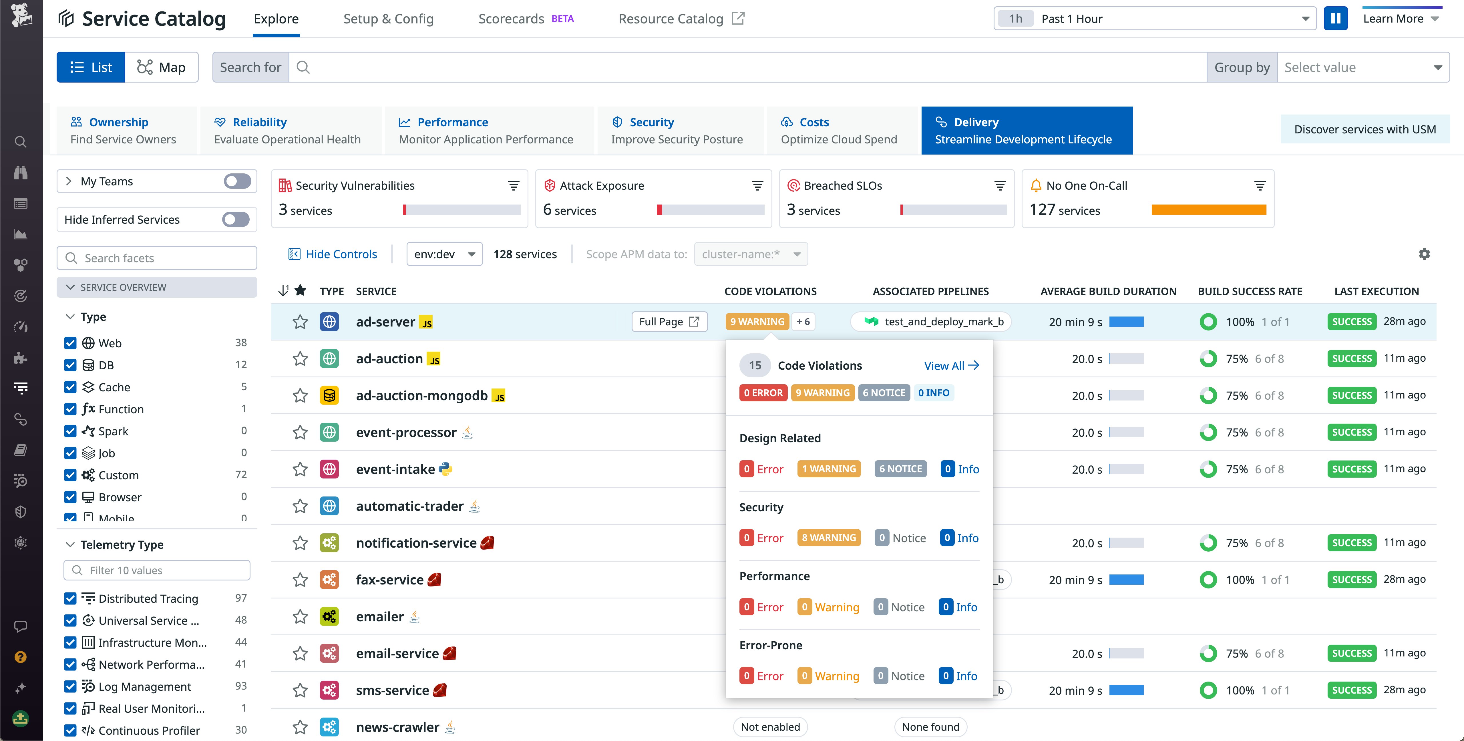 Use the Delivery tab to quickly view code violations detected by Datadog Static Analysis. Use the Delivery tab to quickly view code violations detected by Datadog Static Analysis.