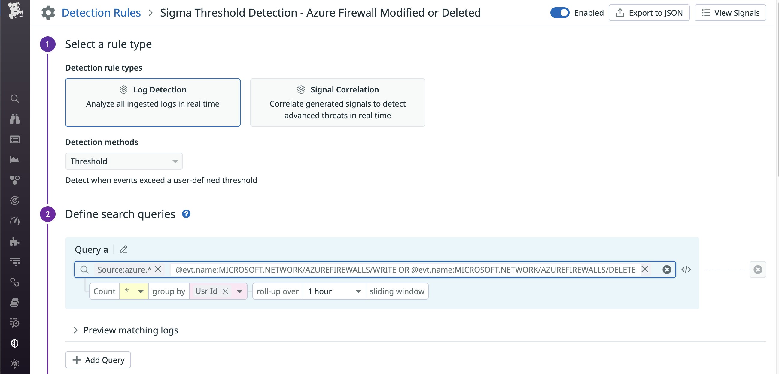 Editing a Sigma detection rule that has been integrated with Datadog Cloud SIEM. This rule detects if an Azure firewall has been modified or deleted. Editing a Sigma detection rule that has been integrated with Datadog Cloud SIEM. This rule detects if an Azure firewall has been modified or deleted.