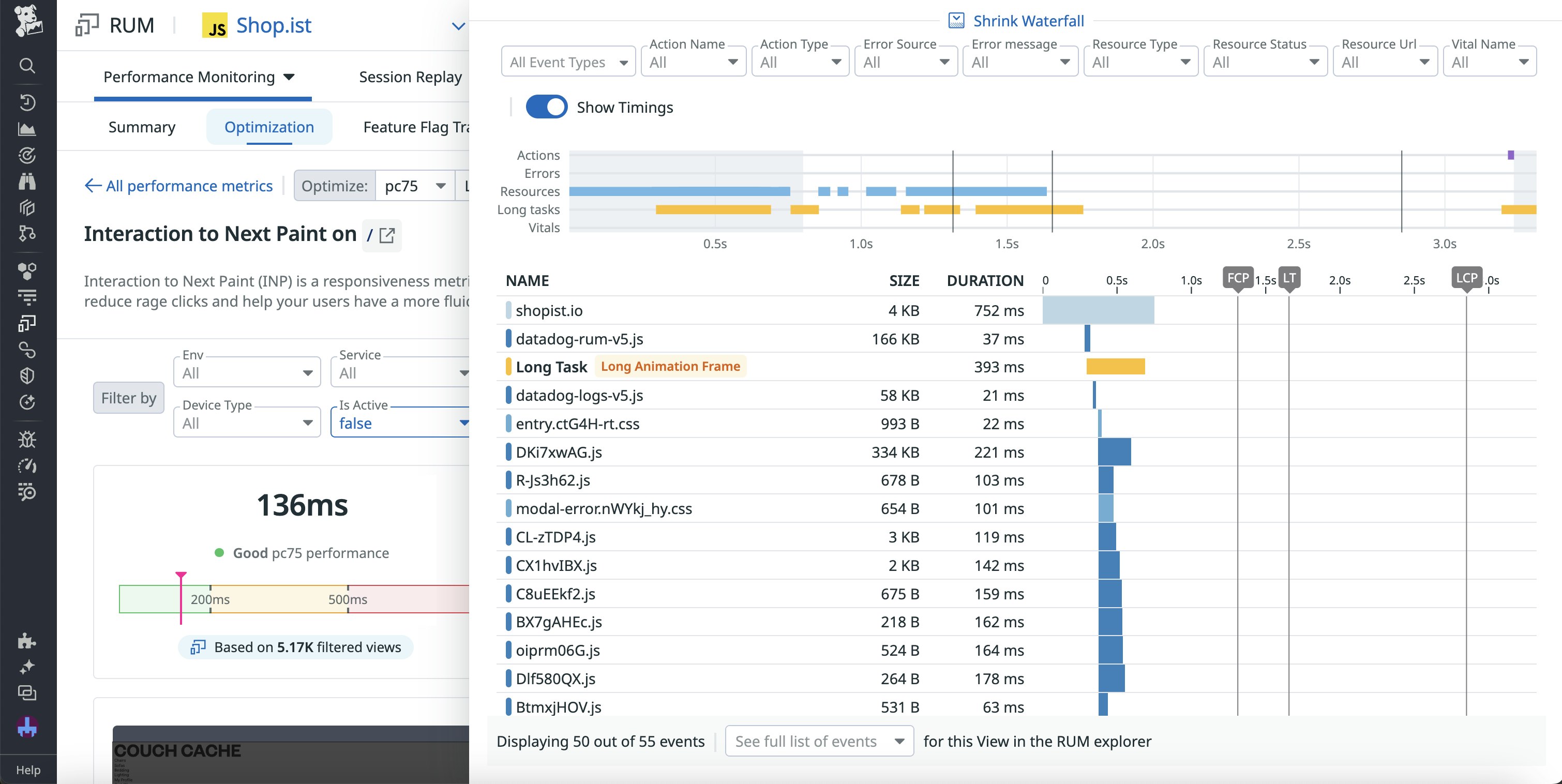 A performance waterfall within the INP optimziation page for a view, with LoAF data included. A performance waterfall within the INP optimziation page for a view, with LoAF data included.