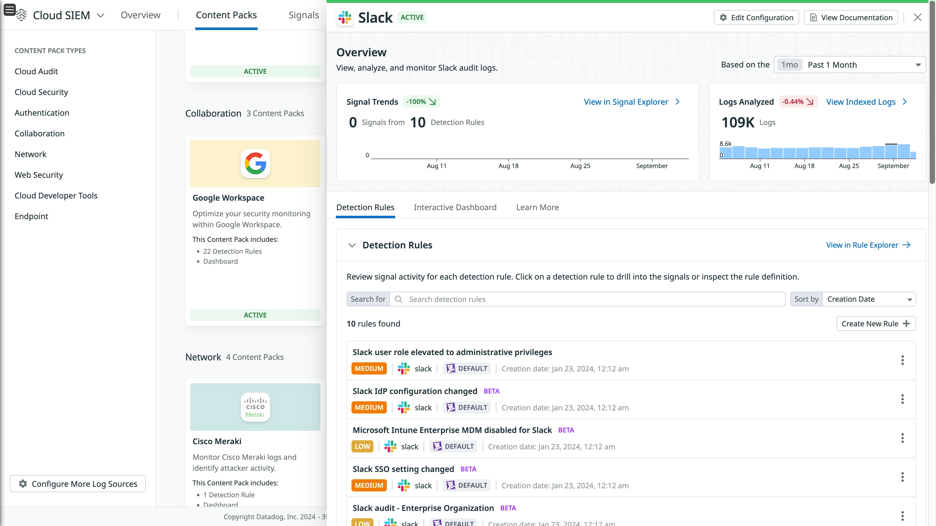 The Cloud SIEM Slack content pack Overview side panel. The Cloud SIEM Slack content pack Overview side panel.