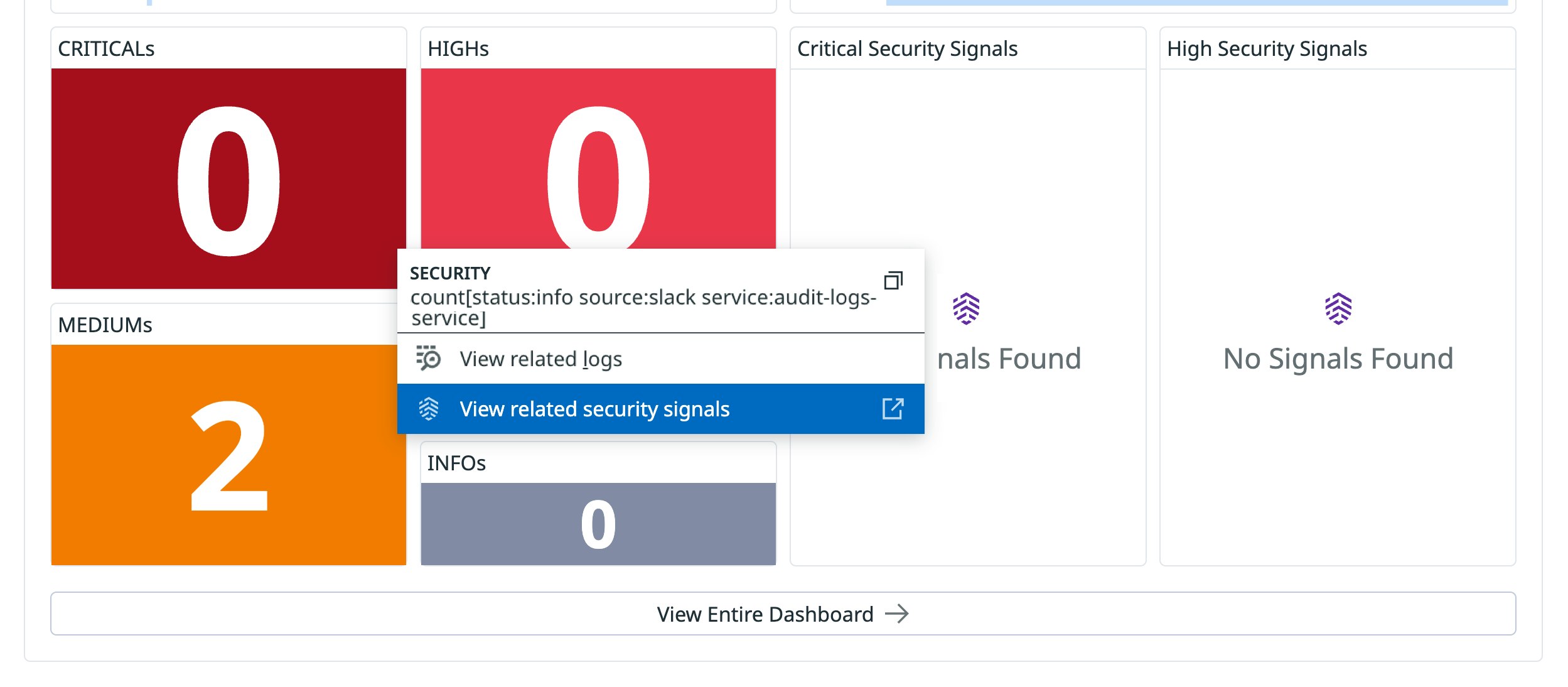 A Datadog Cloud SIEM dashboard displaying an option to view related security signals for further investigation A Datadog Cloud SIEM dashboard displaying an option to view related security signals for further investigation
