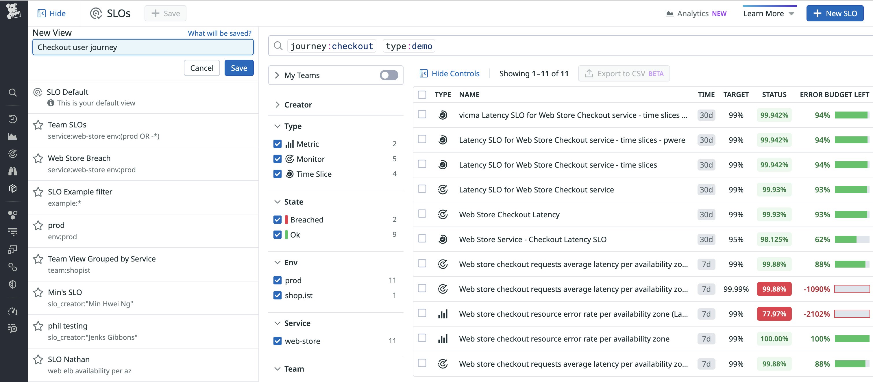 We have created a Saved View for SLOs related to the checkout user journey. We have created a Saved View for SLOs related to the checkout user journey.