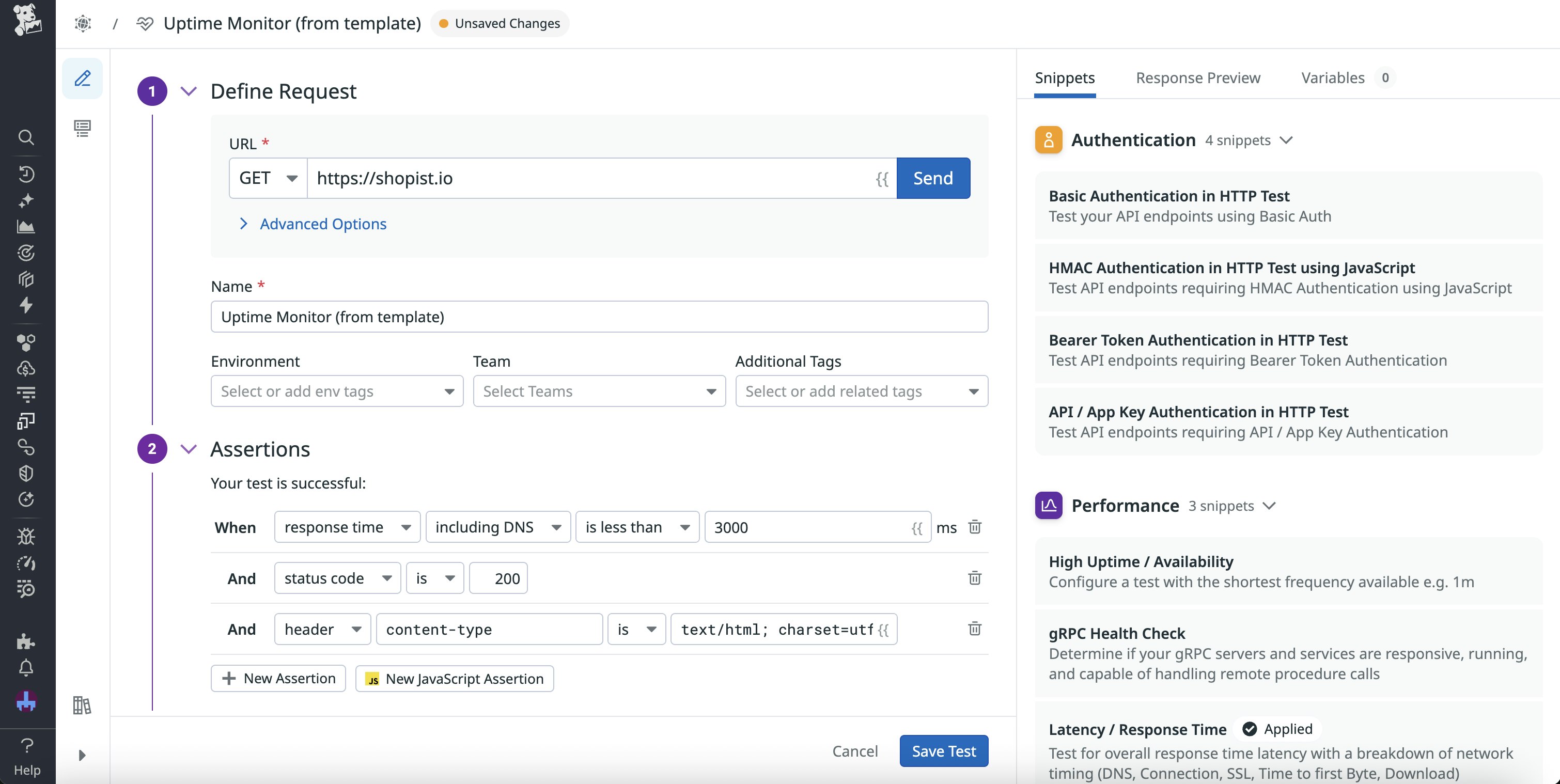 A test being created from the Uptime Monitor template. A test being created from the Uptime Monitor template.