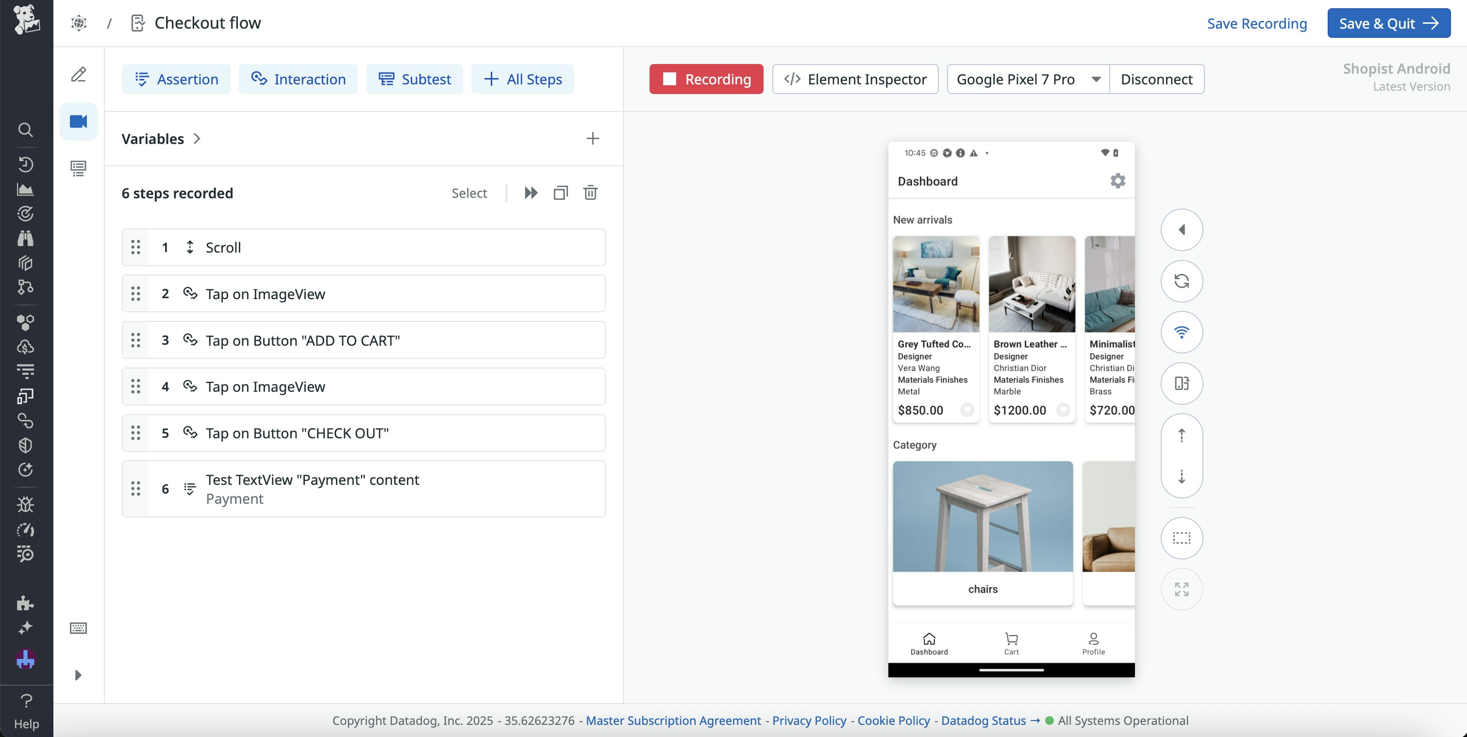 The recording window for a mobile browser test, with a list of recorded steps displayed. The recording window for a mobile browser test, with a list of recorded steps displayed.