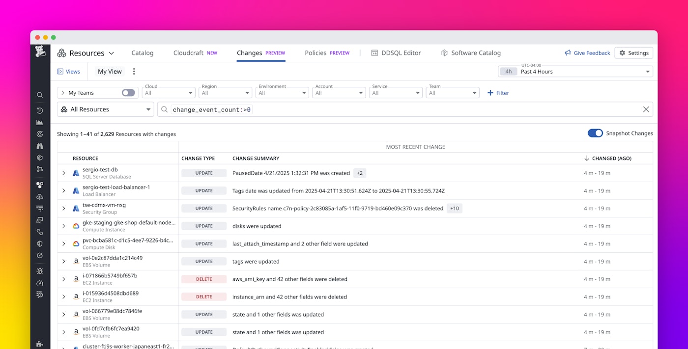 Resolve incidents faster by unifying cloud infrastructure changes with Datadog Snapshot Changes Resolve incidents faster by unifying cloud infrastructure changes with Datadog Snapshot Changes