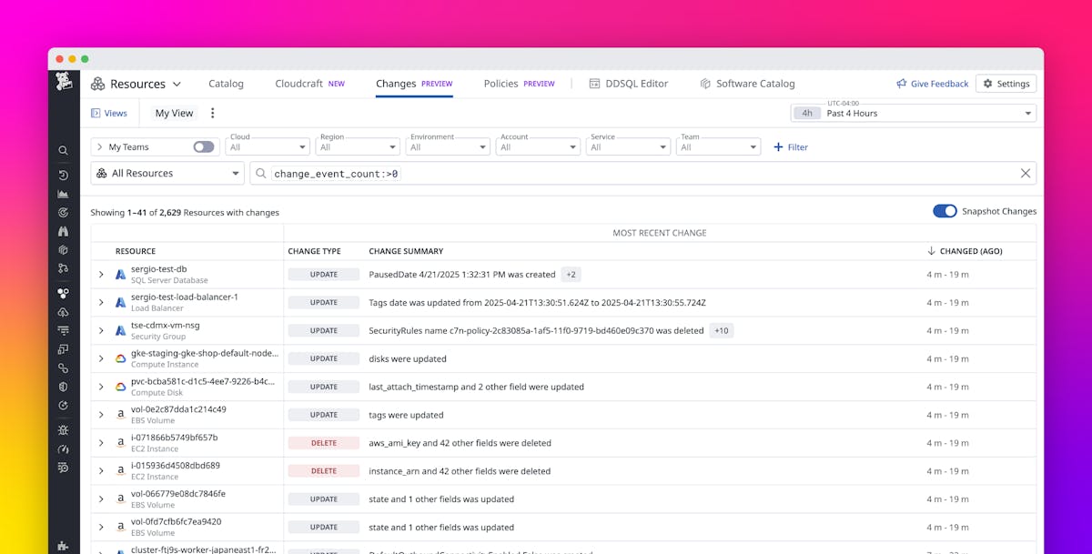 Resolve incidents faster by unifying cloud infrastructure changes with Datadog Snapshot Changes