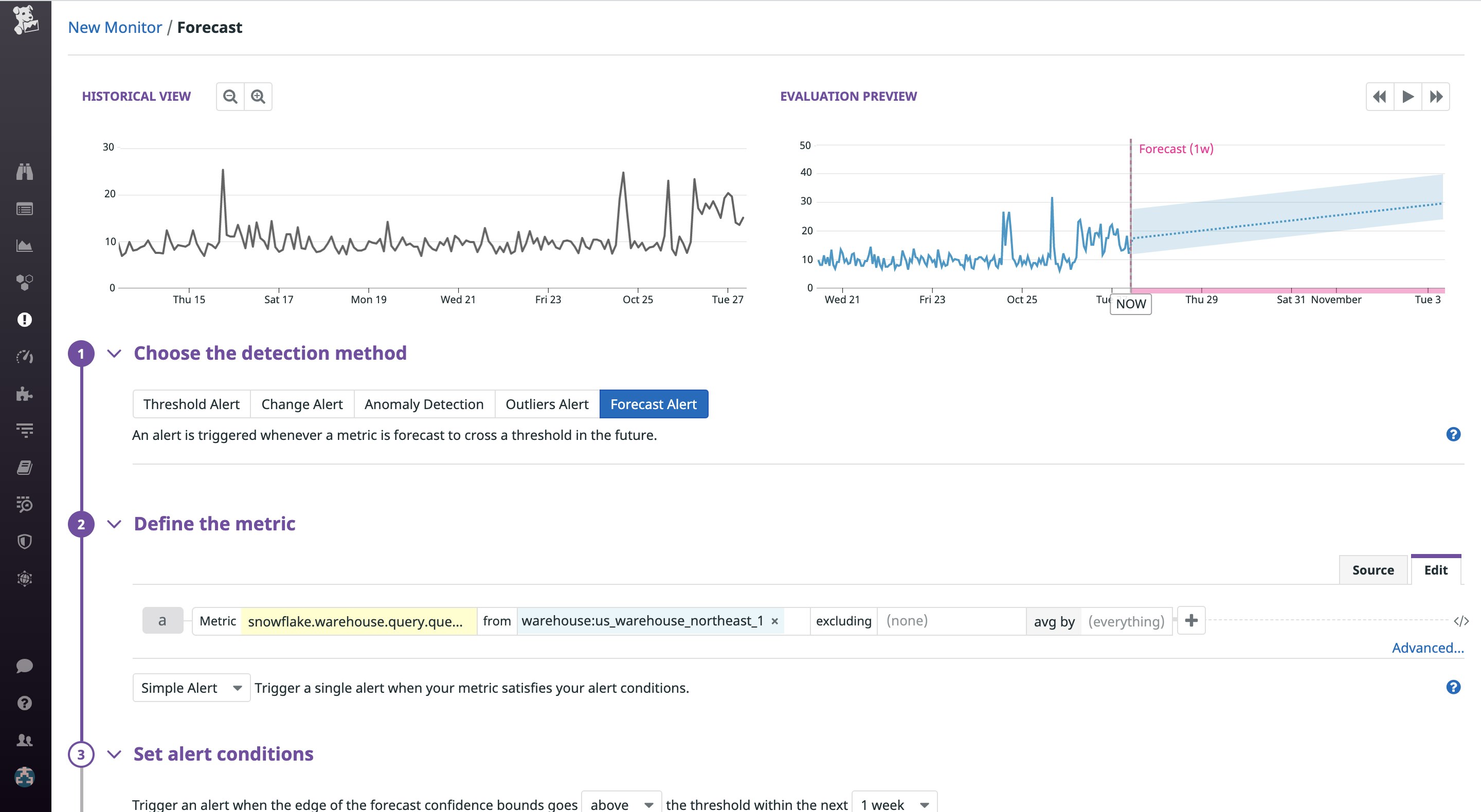 Create a forecast monitor for the number of Snowflake queries queued due to overload for a particular warehouse. Create a forecast monitor for the number of Snowflake queries queued due to overload for a particular warehouse.
