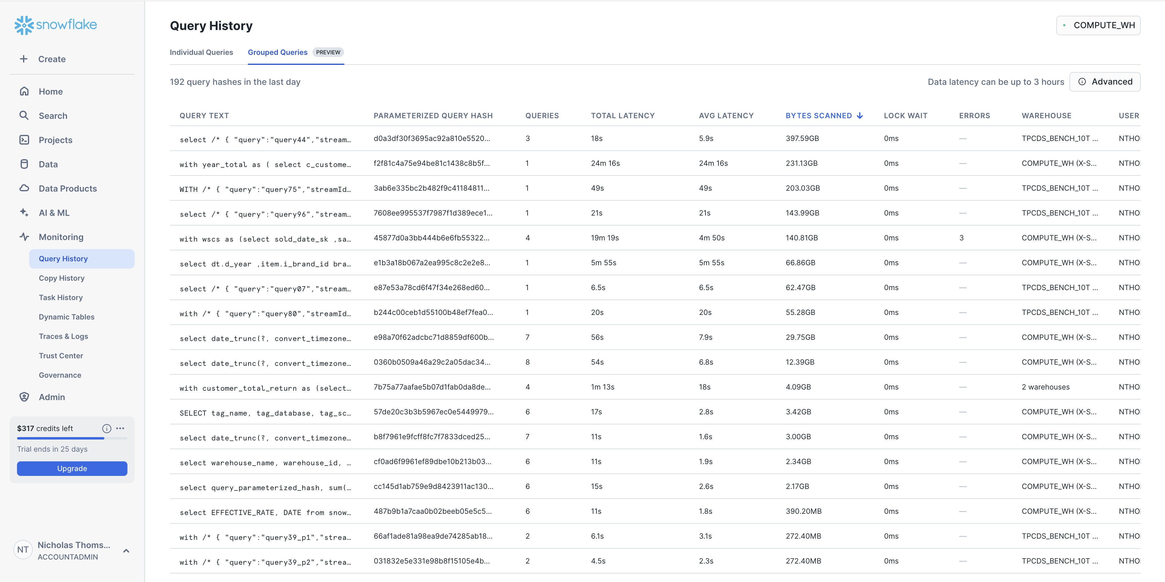 Snowsight provides visibility into grouped queries. Snowsight provides visibility into grouped queries.