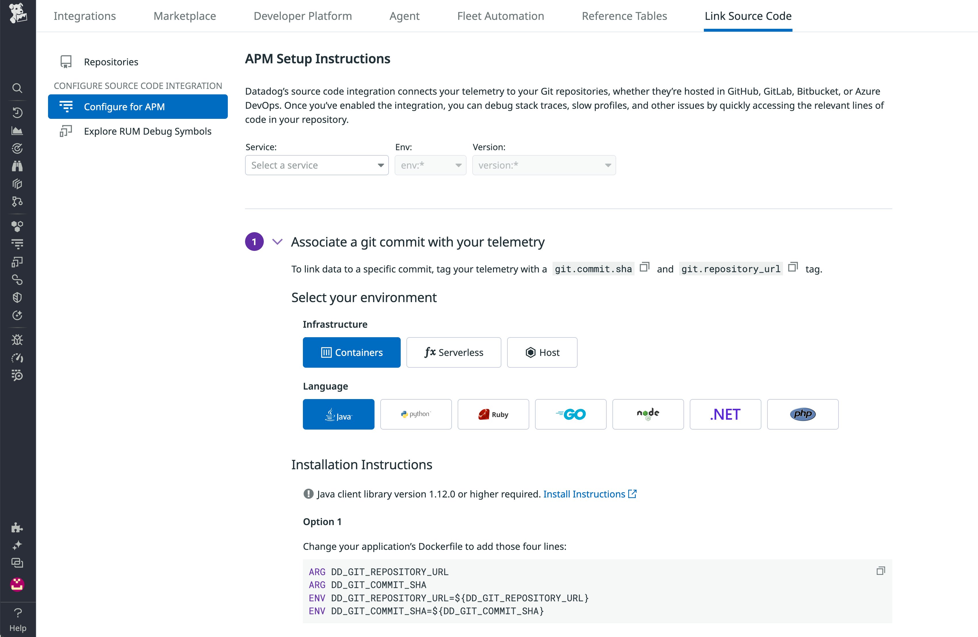On the APM configuration page, you can link source code in your GitHub repositories to automatically create Software Catalog entries. On the APM configuration page, you can link source code in your GitHub repositories to automatically create Software Catalog entries.