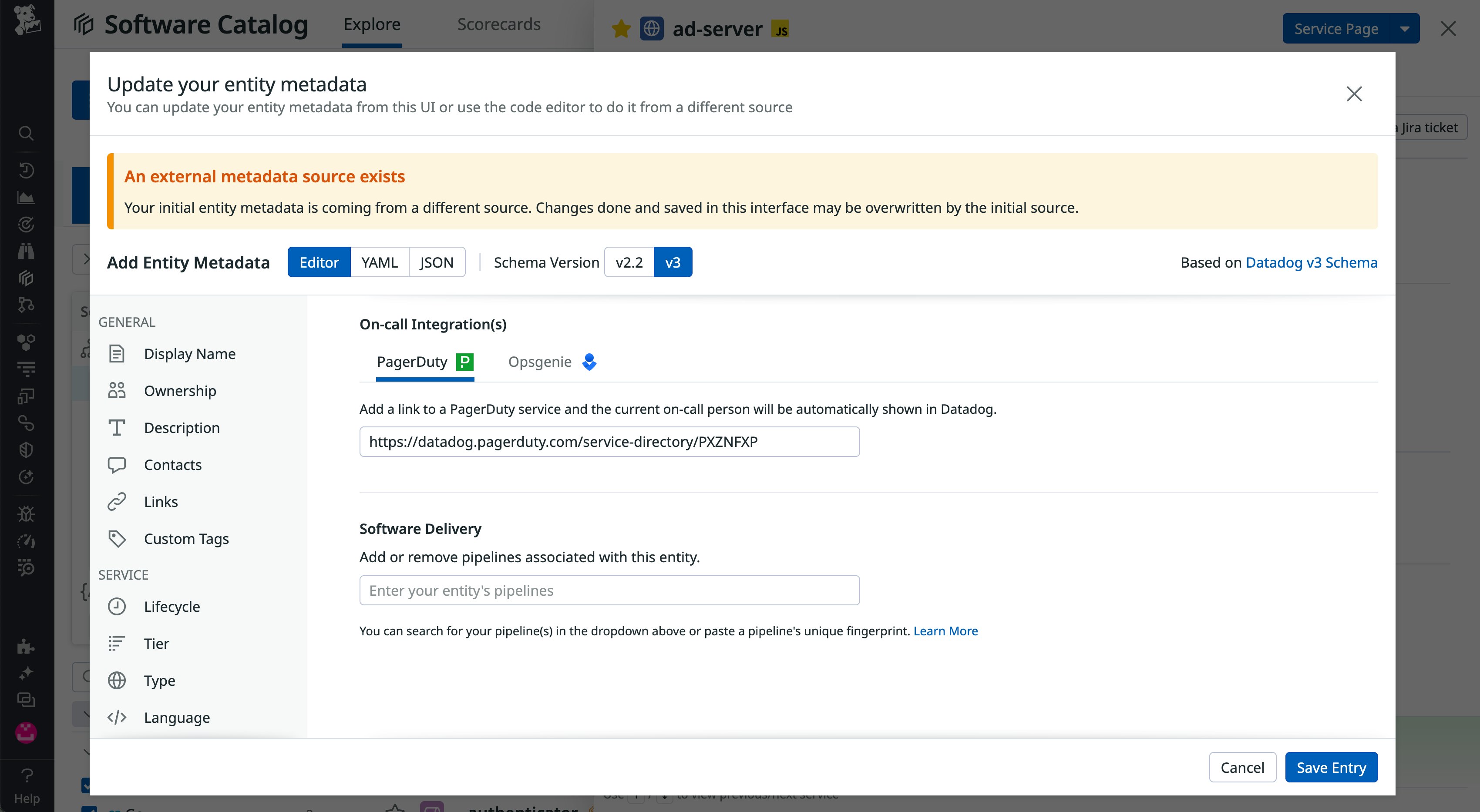 The built-in metadata editor contains fields for team, description, contact information, and on-call integrations. The built-in metadata editor contains fields for team, description, contact information, and on-call integrations.