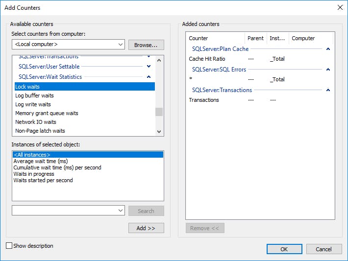 Selezione dei contatori delle prestazioni di SQL Server da visualizzare in Performance Monitor