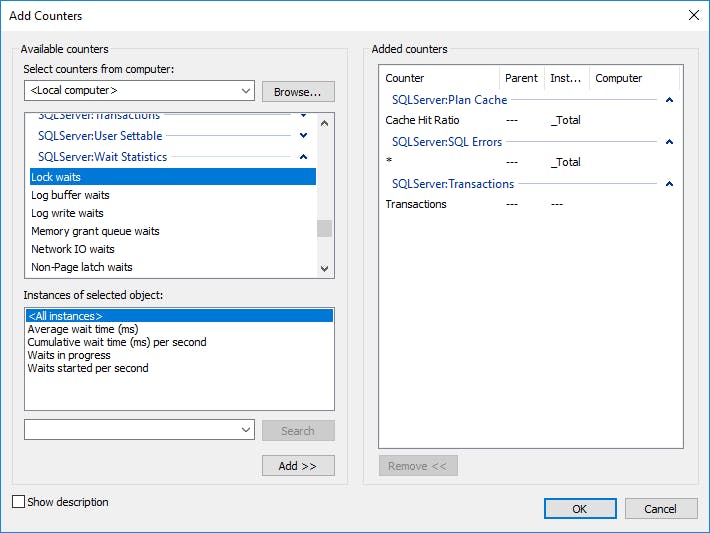Selecting SQL Server performance counters to display in Performance Monitor
