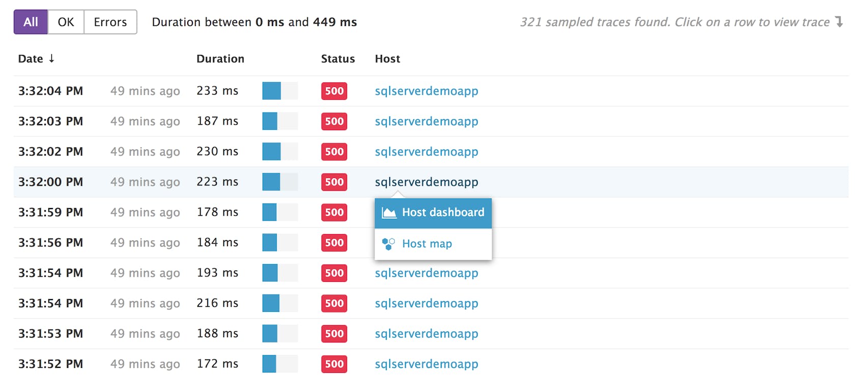 Monitor SQL Server performance with Datadog: A link to a host dashboard