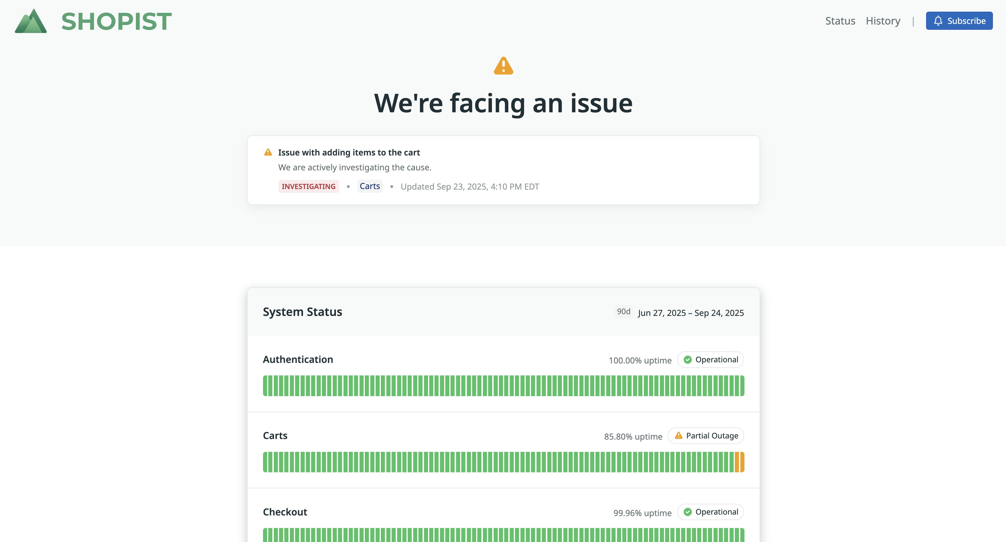 A status page for a shopping website. The status page indicates that customers are having a problem adding items to their cart and that the company is investigating the issue. A status page for a shopping website. The status page indicates that customers are having a problem adding items to their cart and that the company is investigating the issue.