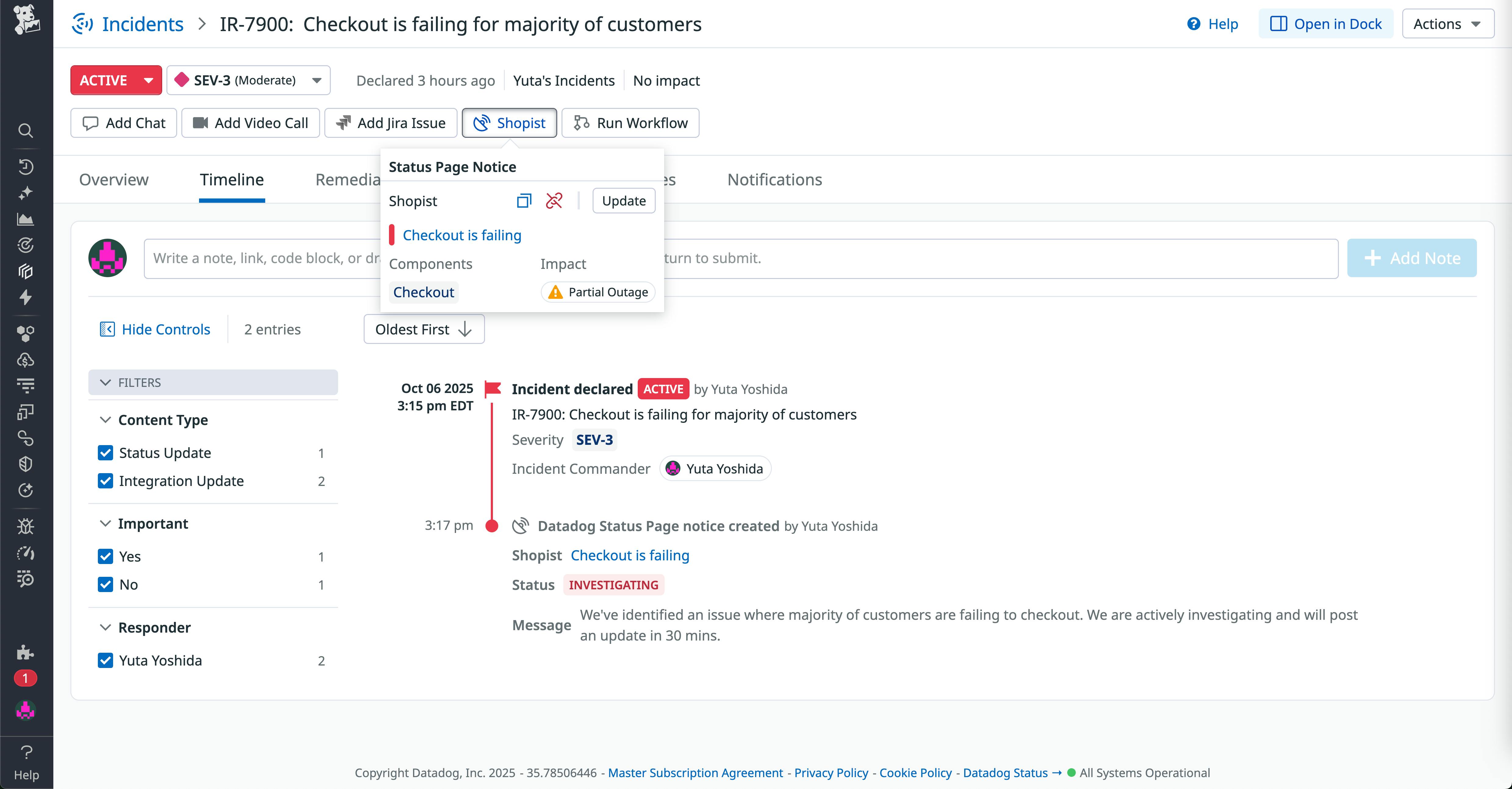 Screenshot of an incident timeline about failing checkouts for a shopping website. The timeline displays the time that the incident was declared and shows that the company is investigating the issue.