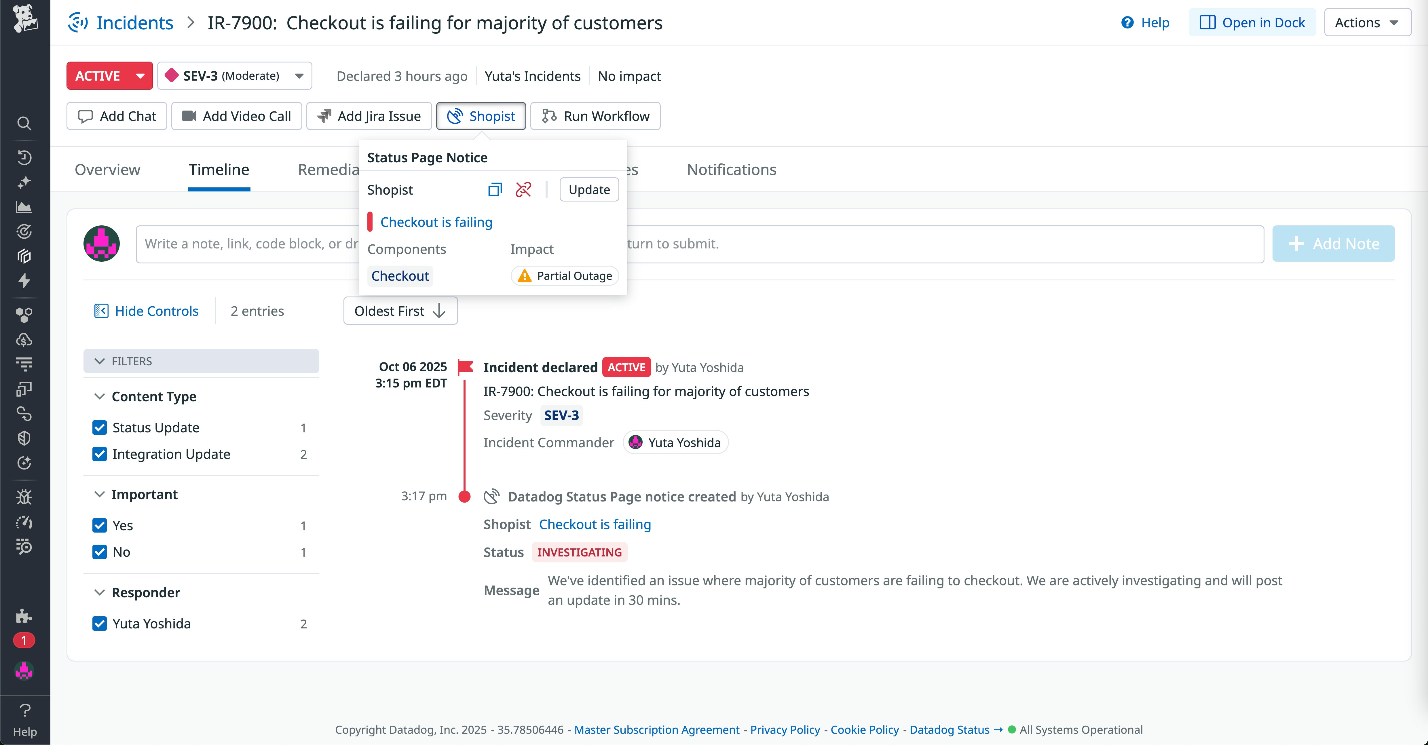 Screenshot of an incident timeline about failing checkouts for a shopping website. The timeline displays the time that the incident was declared and shows that the company is investigating the issue. Screenshot of an incident timeline about failing checkouts for a shopping website. The timeline displays the time that the incident was declared and shows that the company is investigating the issue.