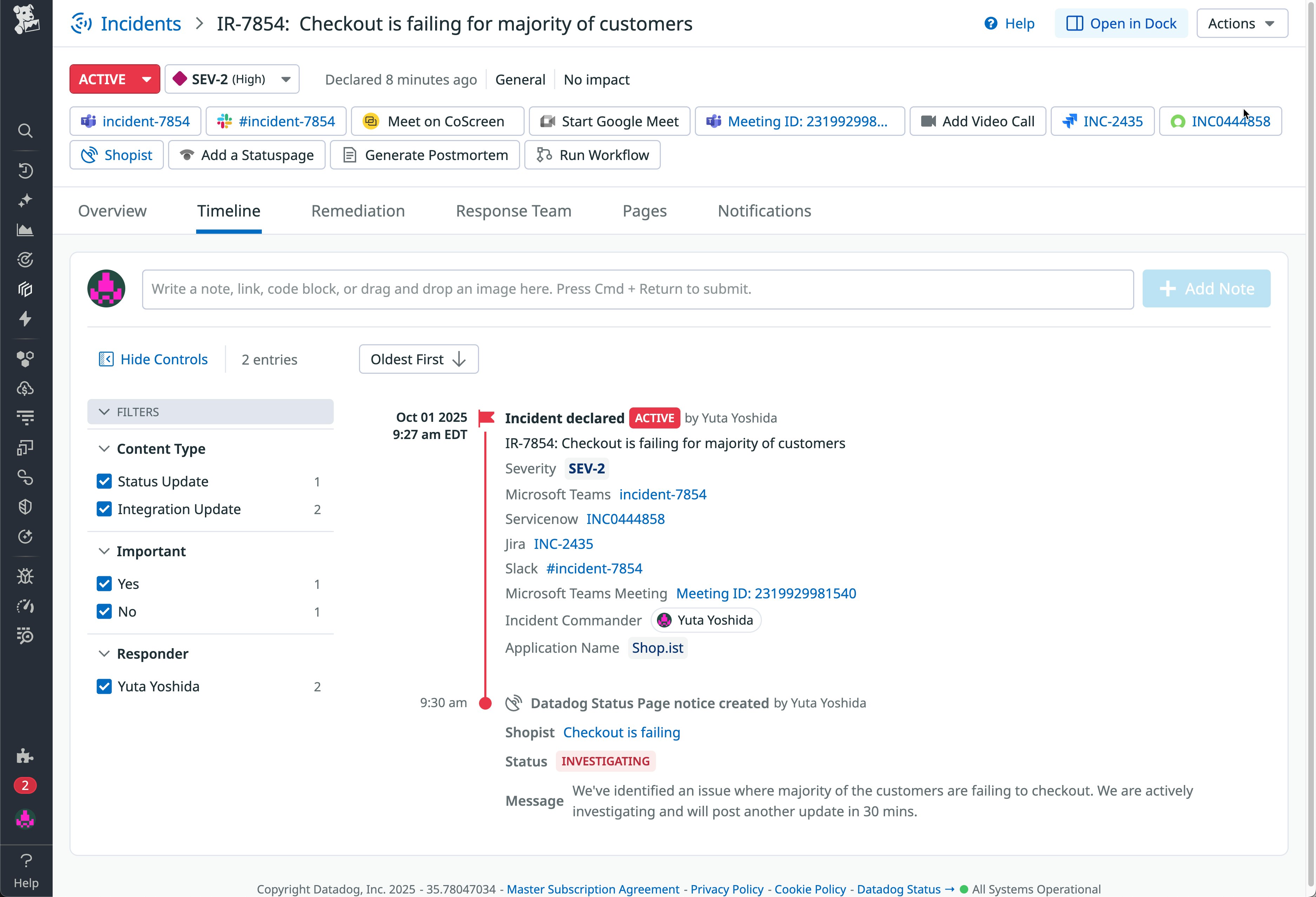 Screenshot of an incident timeline about failing checkouts for a shopping website. The timeline displays the time that the incident was declared and shows that the company is investigating the issue. Screenshot of an incident timeline about failing checkouts for a shopping website. The timeline displays the time that the incident was declared and shows that the company is investigating the issue.