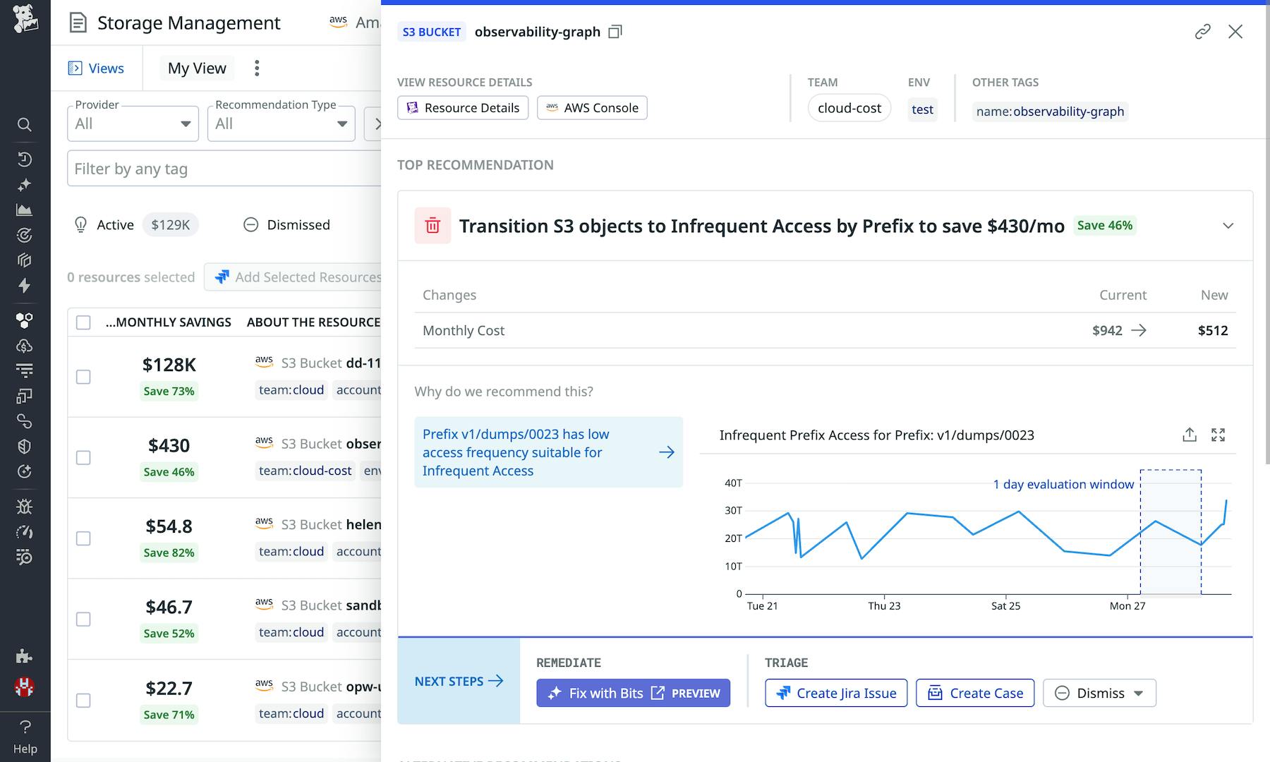 Storage Management provides a recommendation to transition Amazon S3 objects to Infrequent Access by Prefix to save $430/month.
