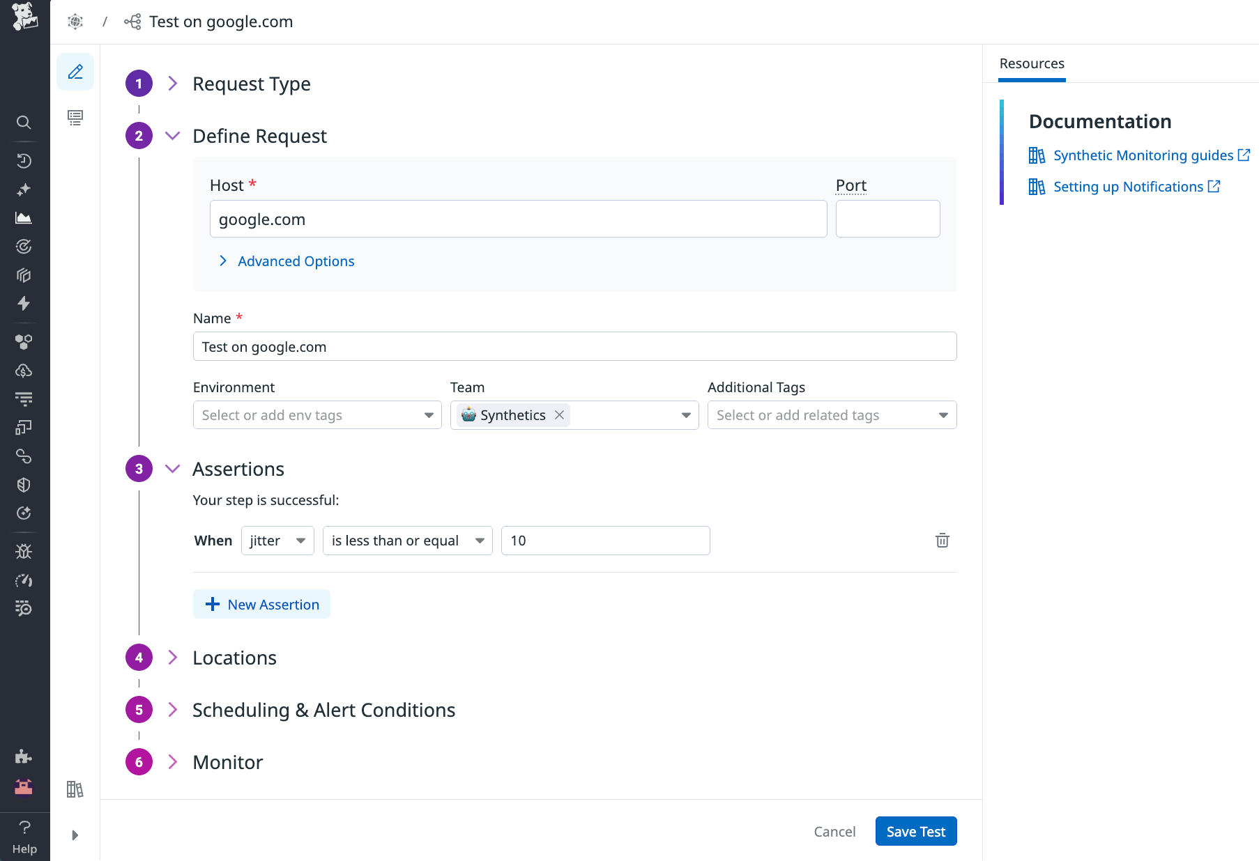 Screenshot of a test configuration in Datadog Synthetic Monitoring. The configuration includes an assertion that the step is successful when jitter is less than or equal to 10.
