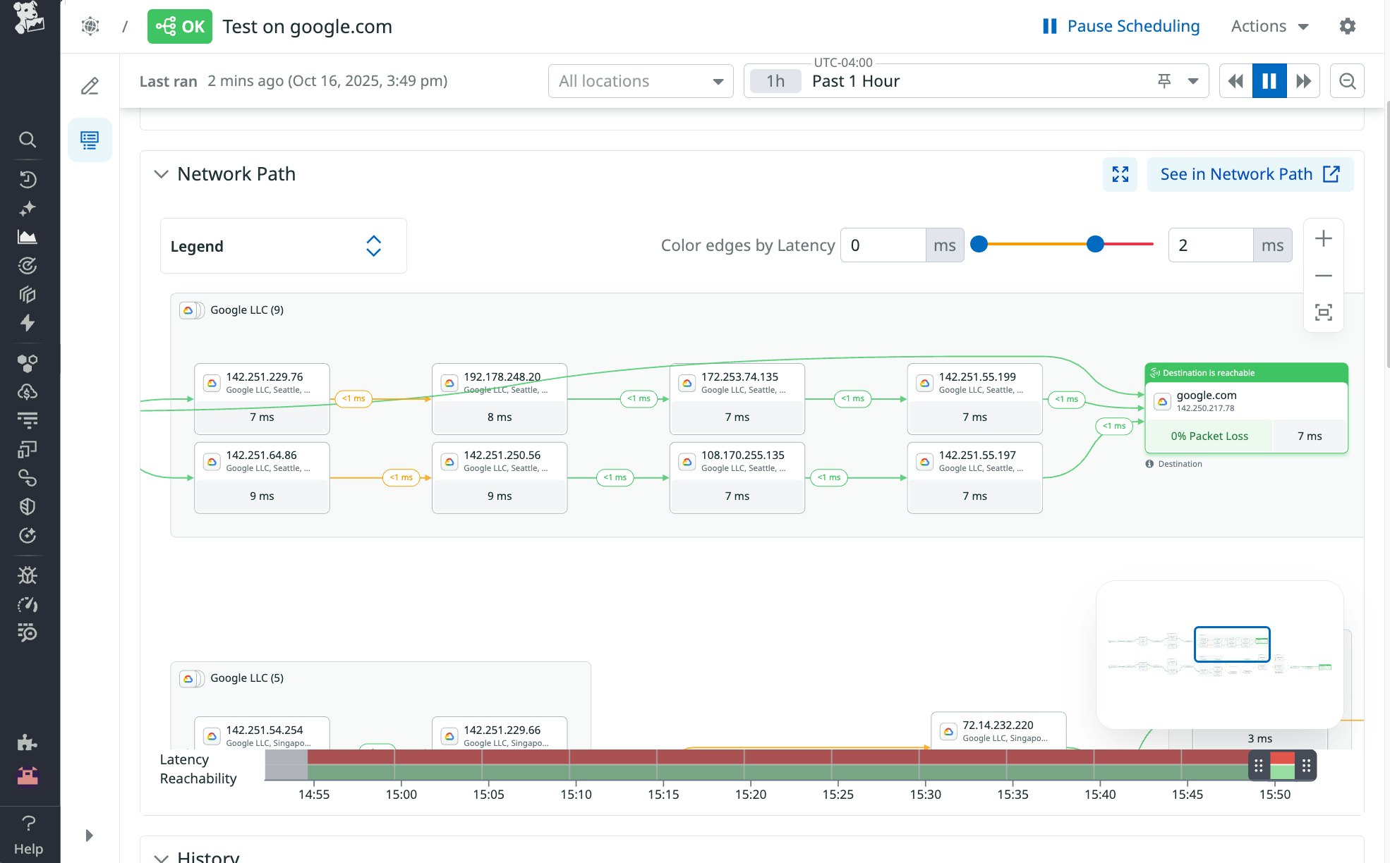 Screenshot in Datadog Synthetic Monitoring that shows latency, packet loss, and hop-by-hop performance. Screenshot in Datadog Synthetic Monitoring that shows latency, packet loss, and hop-by-hop performance.