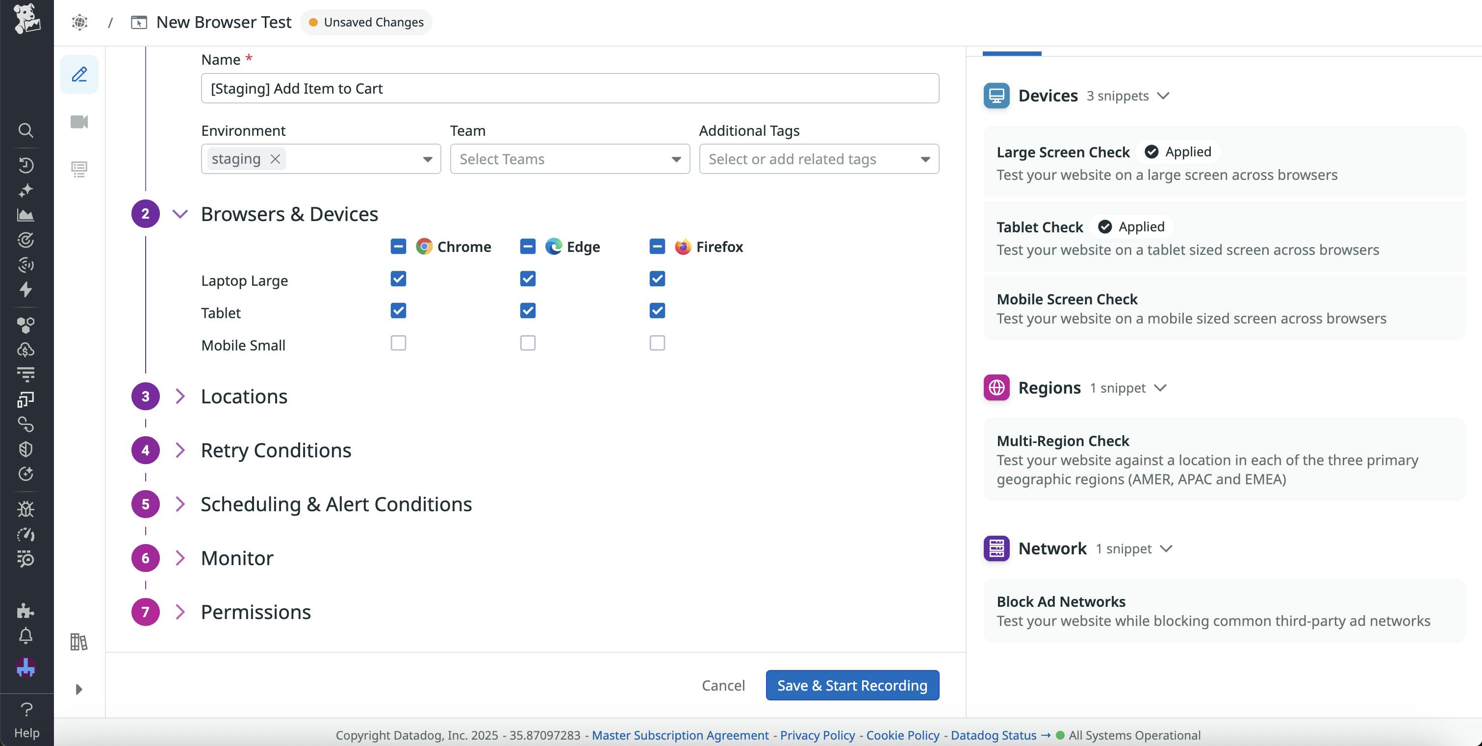 A synthetic test creation window, with the environment set to staging and different device options displayed.