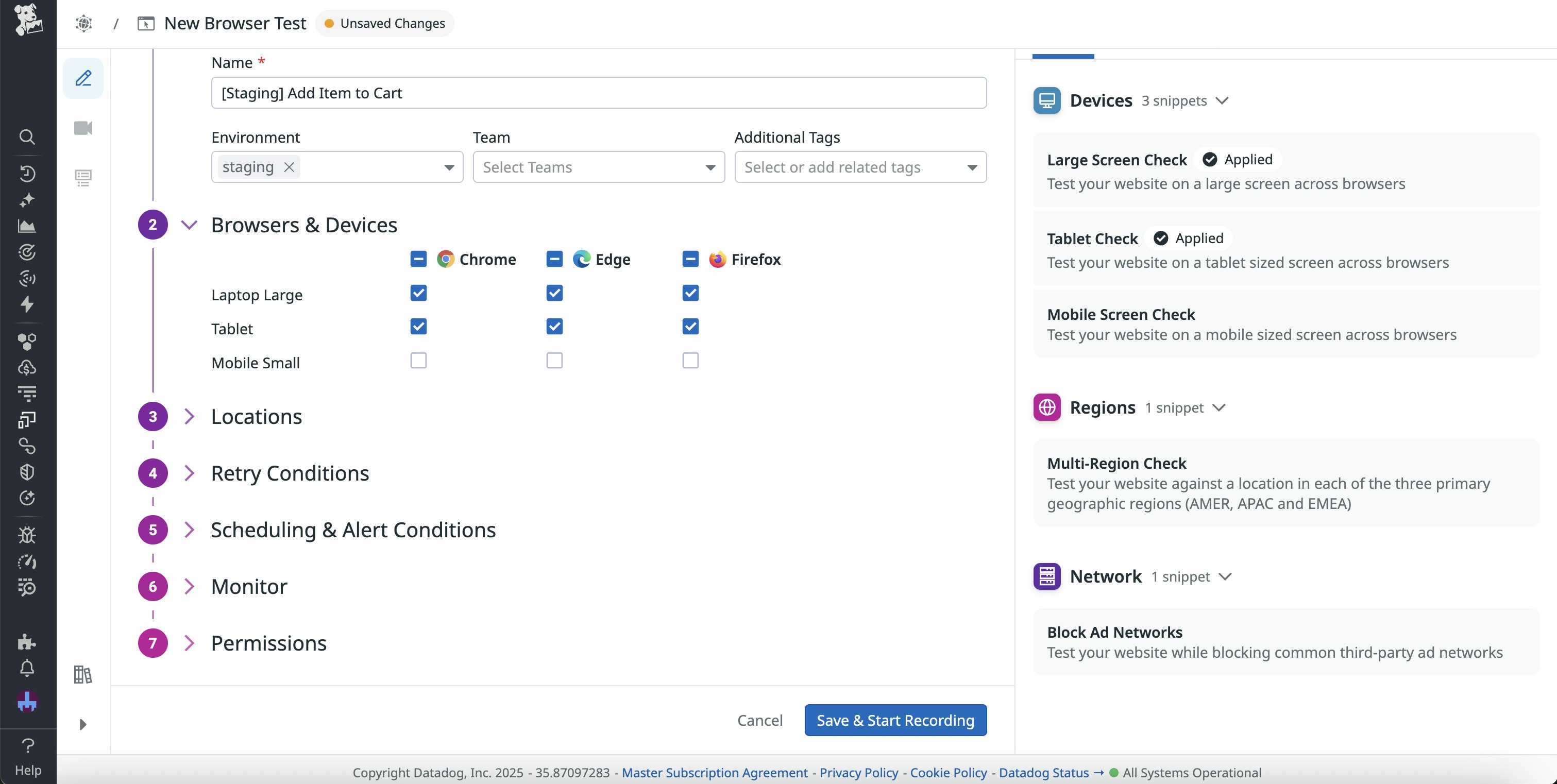 A synthetic test creation window, with the environment set to staging and different device options displayed. A synthetic test creation window, with the environment set to staging and different device options displayed.