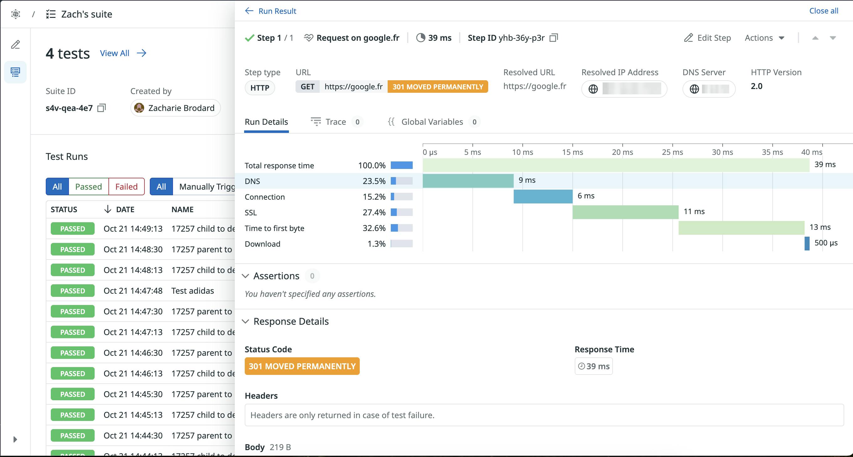 A screenshot showing the results of a particular test run within the test suite view.
