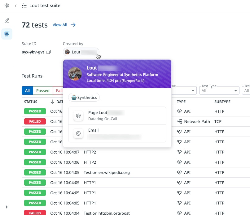 A screenshot showing a list of test results in a suite, and the owner and specific service the suite relates to. A screenshot showing a list of test results in a suite, and the owner and specific service the suite relates to.