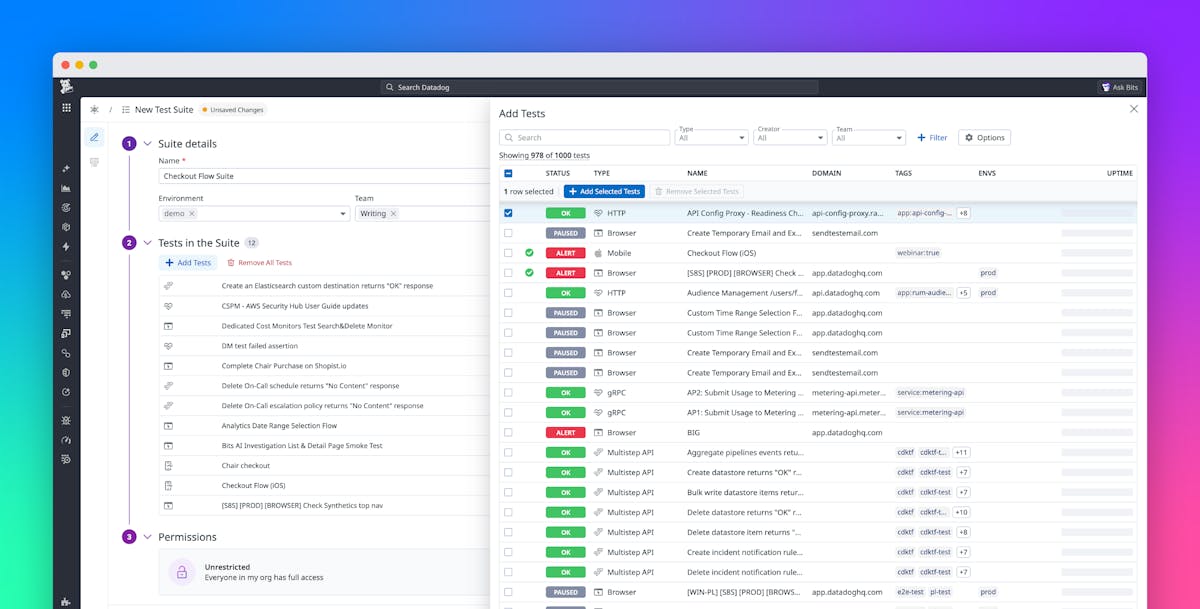 Get organized, actionable insights from complex test environments with Datadog Test Suites